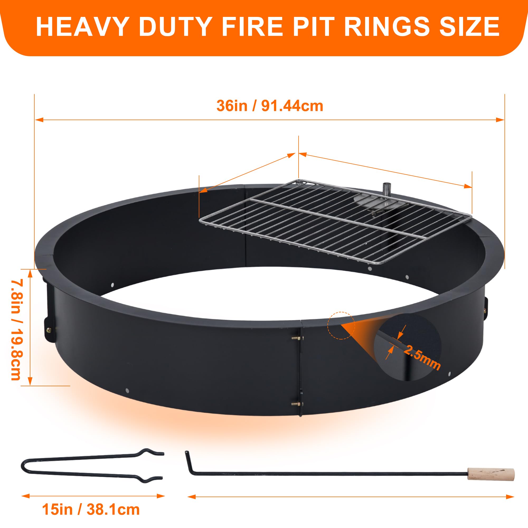 GARVEE 36-Inch Heavy Duty Steel Fire Pit Ring - 2.5MM Thick Rust-Resistant Outdoor Fire Pit Liner for Wood Burning - DIY Friendly Above Ground or In-Ground Installation - Perfect for Camping, Backyard, Patio & Outdoor Gatherings