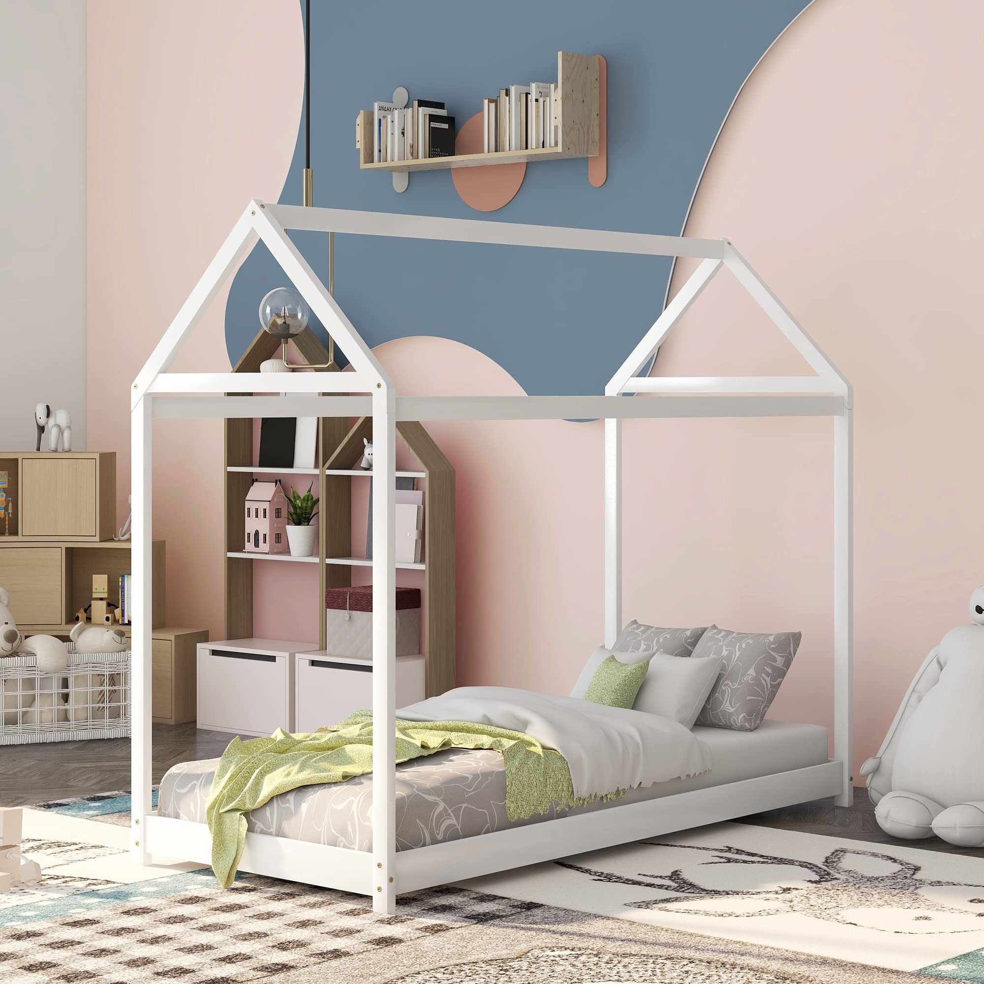 MERITLINE Twin Size House Bed Frame with Roof - Playhouse Bed for Toddlers, Kids, Boys & Girls - No Box Spring Needed - White - Perfect for Kids' Bedrooms, Playrooms & Montessori Spaces