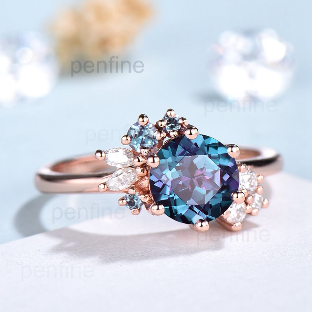 7mm Round Cut Alexandrite Engagement Ring for Women - June Birthstone, Moissanite Cluster Marquise Wedding Band - Perfect for Anniversaries, Promises & Special Occasions