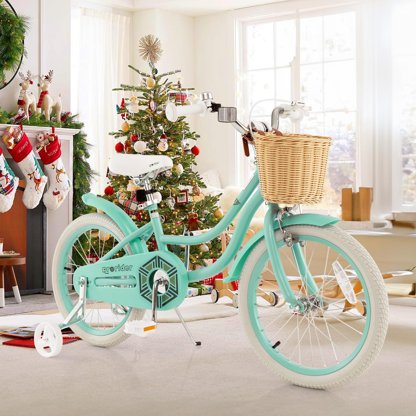 BABY JOY 14 16 18 Inch Kids Bike with Training Wheels - Adjustable Height Retro Bicycle for Boys & Girls Ages 3-8 Years Old - Includes Rattan Basket, Handbrake & Coaster Brake (Pink, Green, Blue) - Perfect for Neighborhood Rides, Park Adventures & Learning to Cycle