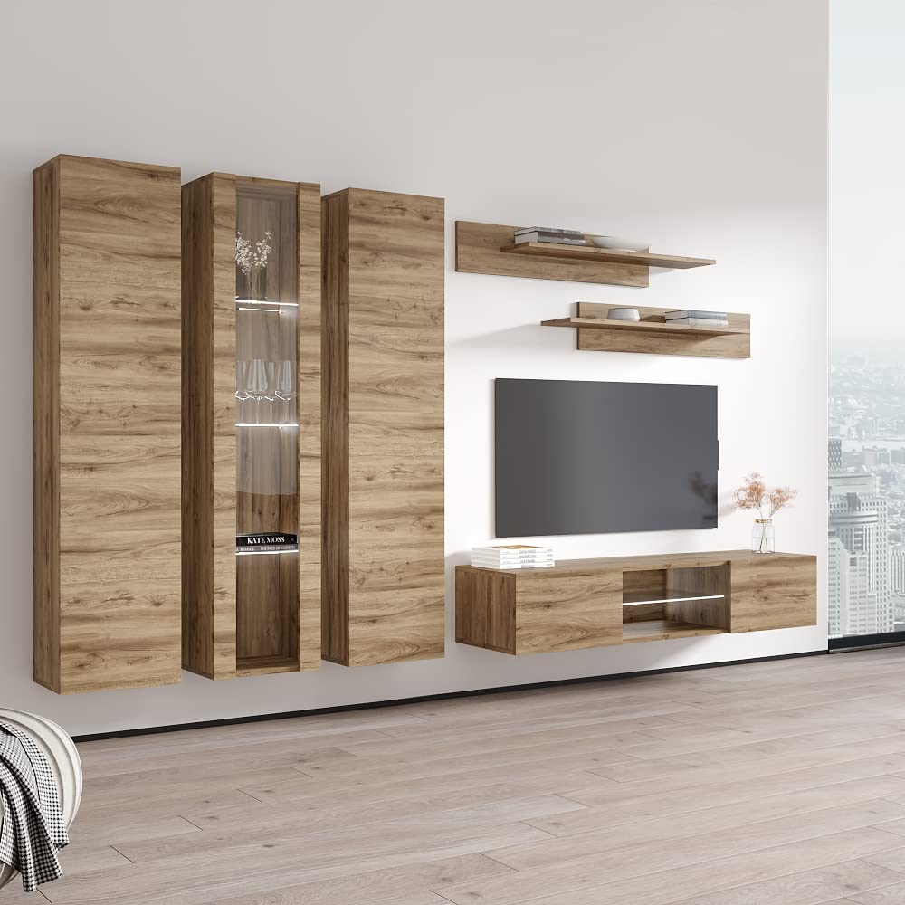 Modern Floating TV Stand with Storage & LED Lights - Wall-Mounted Entertainment Center for Living Room & Bedroom - Oak Wood TV Console with Shelves - Perfect for Small Spaces & Home Theater Setup