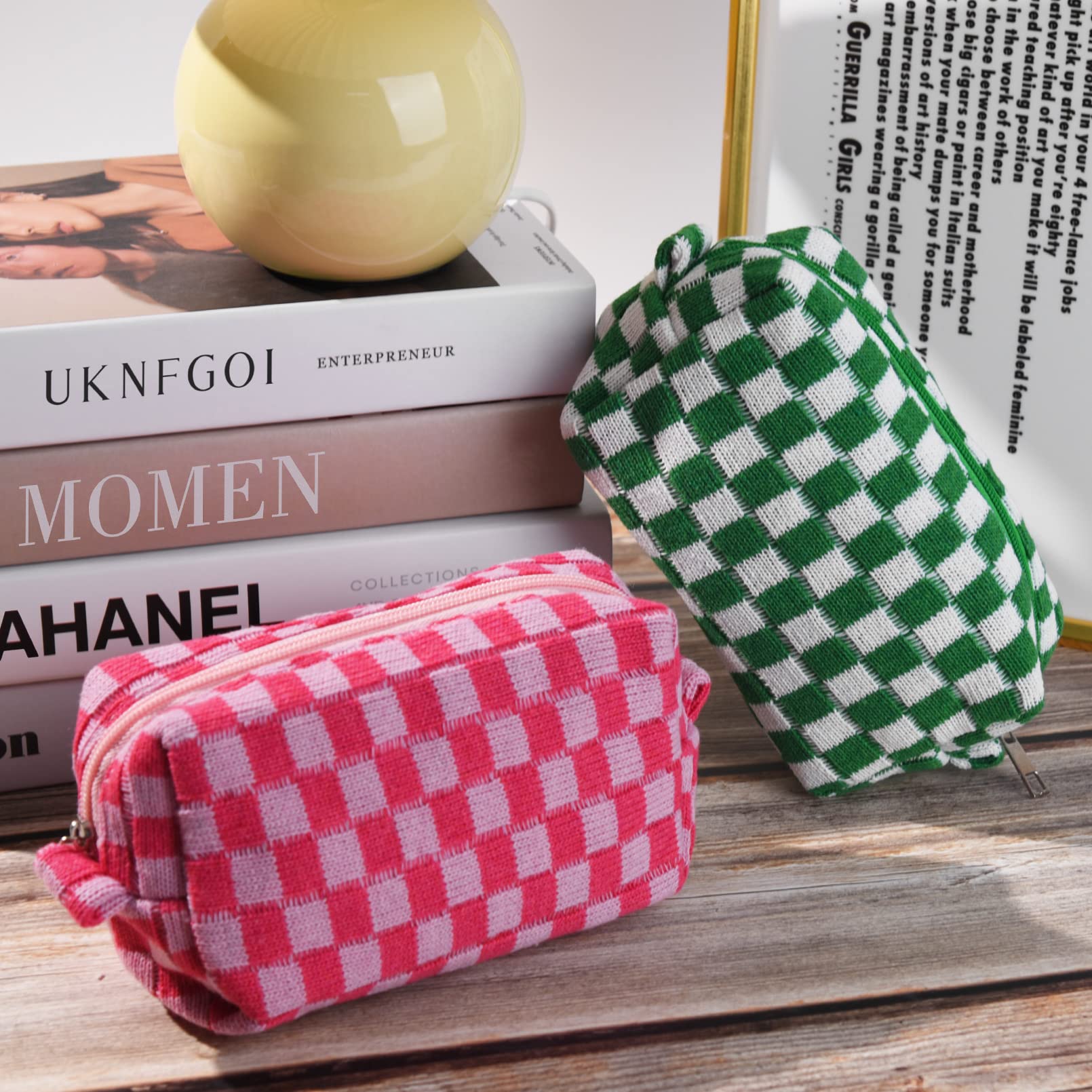 2 Pack Checkered Makeup Bags for Women - Pink & Green Cosmetic Organizer Pouch, Travel Toiletry Storage Bag for Brushes & Accessories | Perfect for Travel, Gym & Daily Beauty Routine
