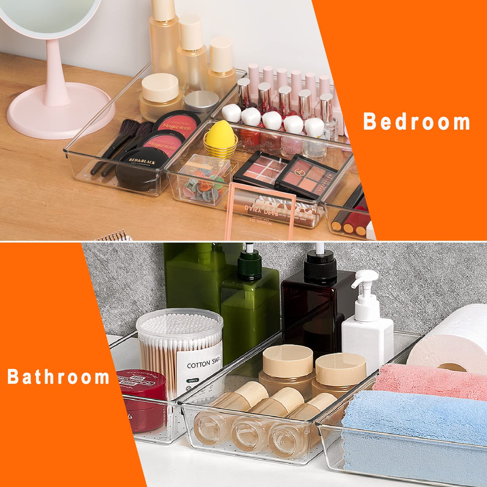 Criusia 8-Piece Clear Plastic Drawer Organizer Set - Bathroom Vanity Trays & Dividers for Makeup, Jewelry, Office Supplies | Non-Slip Storage Bins for Kitchen, Bedroom, Fridge & Desk Organization | Perfect for Home, Office & Travel Use
