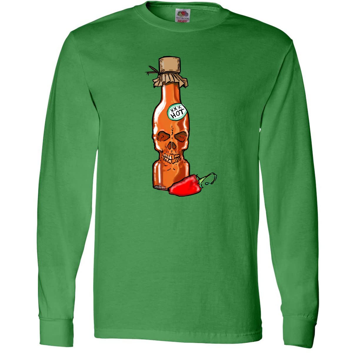Inktastic Hot Sauce Skull Bottle with Pepper Design Adult Long Sleeve T-Shirt - Spicy Food Lover Gift, Halloween Costume, Casual Streetwear for Men & Women