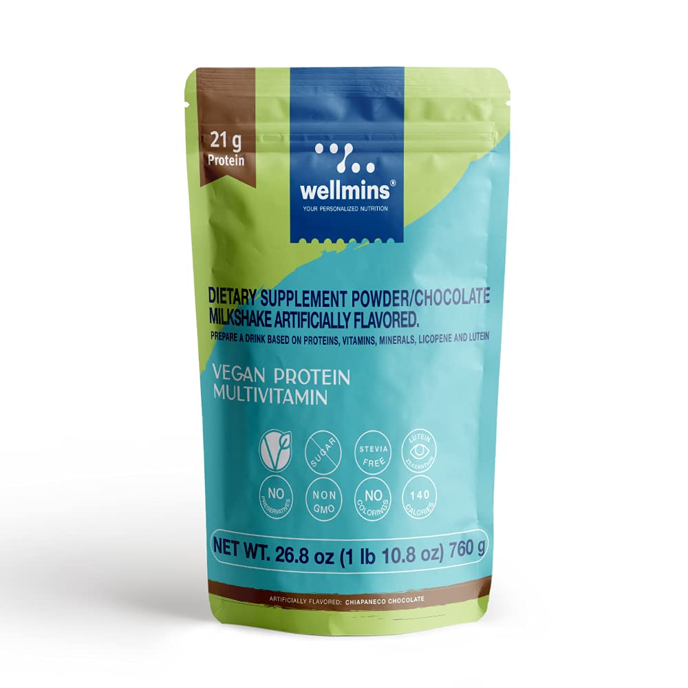 Wellmins Vegan Protein Multivitamin Powder - 21g Plant-Based Protein with Lutein, Zeaxanthin & Lycopene | No Added Sugar, Low Sodium | Chiapaneco Chocolate Flavor (1.67lb, 19 Servings) for Post-Workout Recovery & Daily Nutrition Support