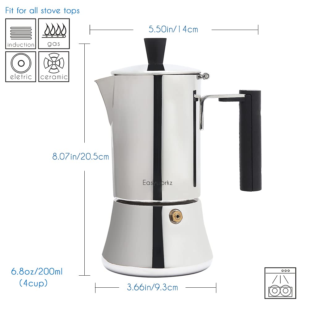 Easyworkz Pedro Stovetop Espresso Maker with 2 Stainless Steel Double Wall Insulated Demitasse Cups - Italian Coffee Maker for Home, Camping & Travel | Perfect Gift for Coffee Lovers