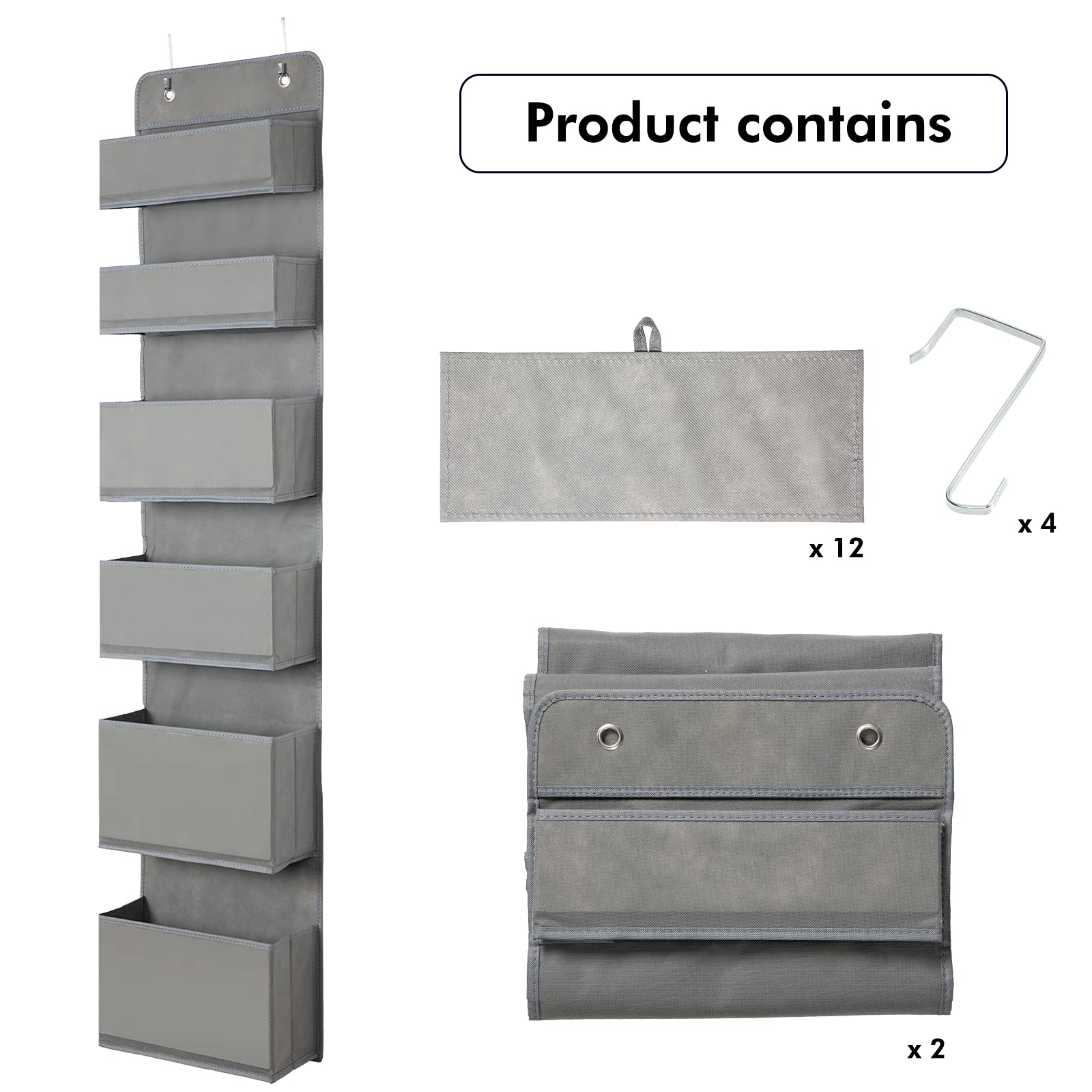 2-Pack Grey 6-Shelf Over Door Hanging Organizer - Fabric Wall Mount Storage with Hooks for Stationery, Sundries & Small Items - Perfect for Bedroom, Bathroom, Closet & Office Organization