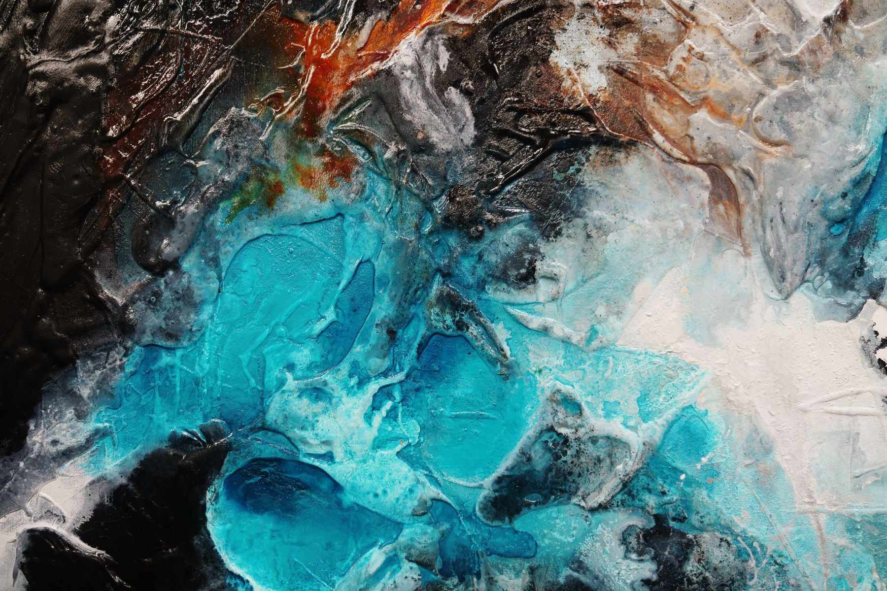 140cm x 100cm Aqua Black Textured Abstract Silk Painting - Modern Wall Art for Living Room, Bedroom & Office Decor