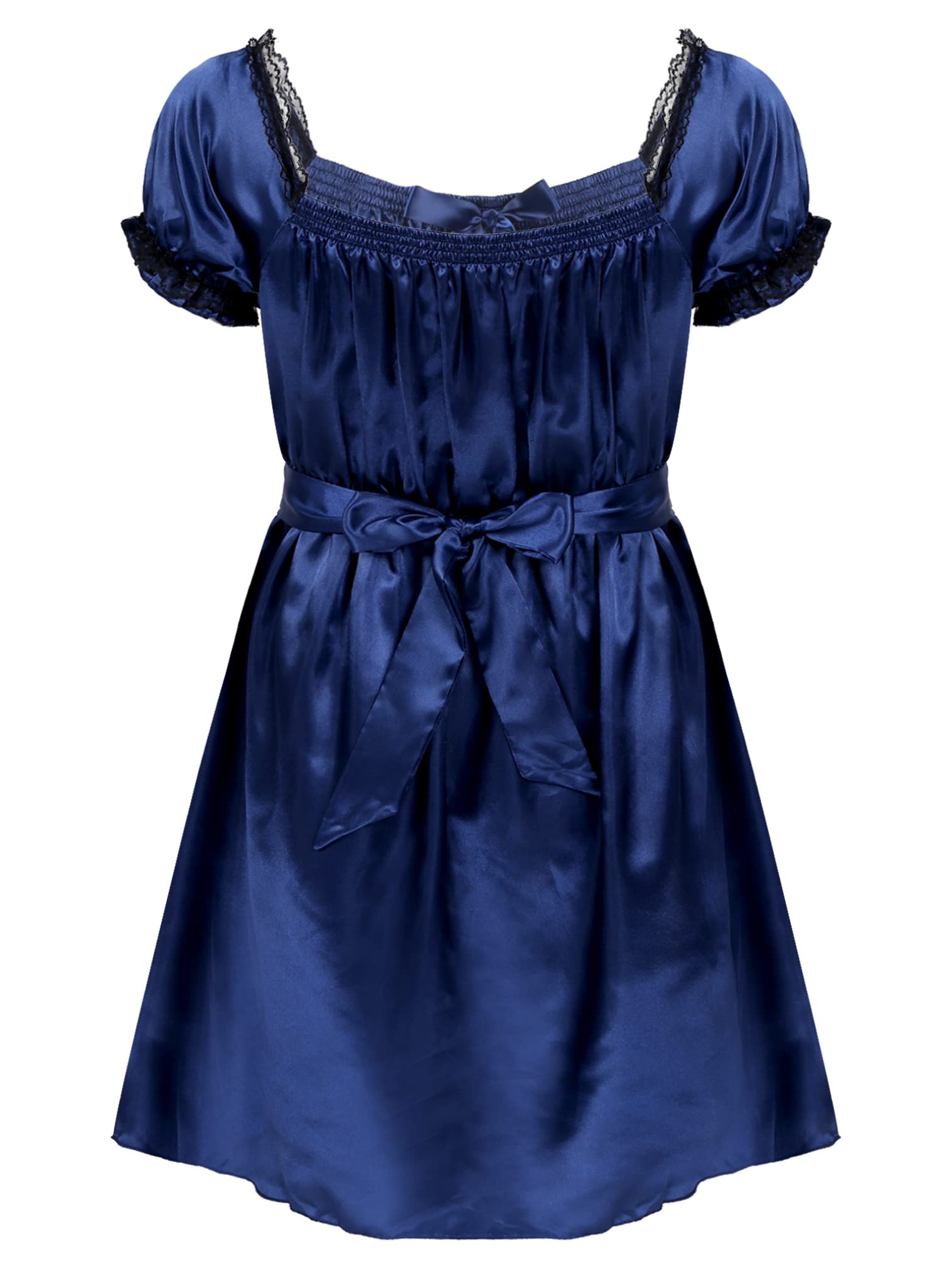 JEATHA Men's Satin Maid Nightdress - Frilly Lace Trim High-Low Hem Crossdressing Lingerie Sleepwear for Cosplay, Role Play & Special Occasions