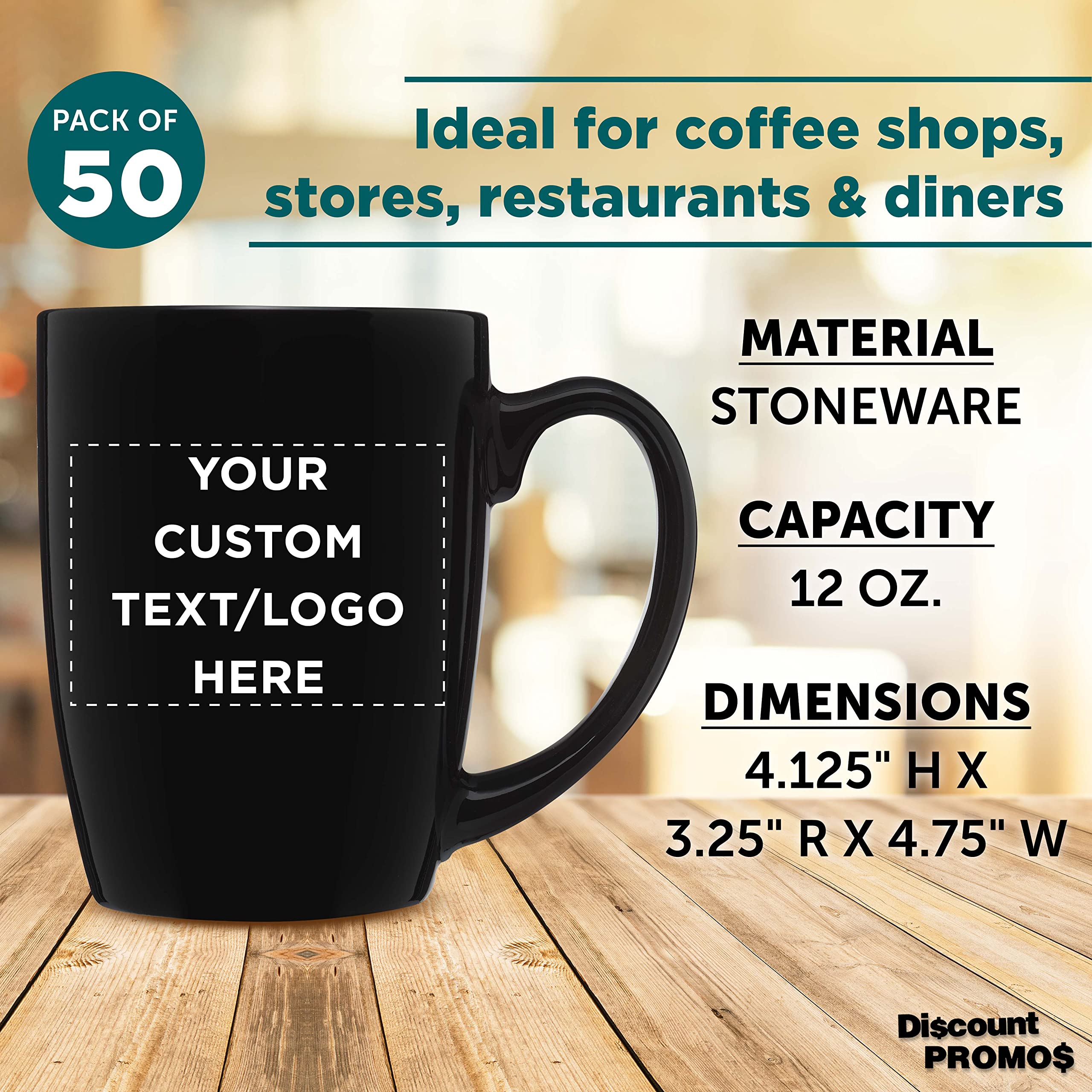 Custom Curved Java Coffee Mug Set - 50 Pack - Personalized Logo & Text - 12 Oz Stoneware Restaurant Cups - Black - Perfect for Cafes, Offices & Bulk Gifting