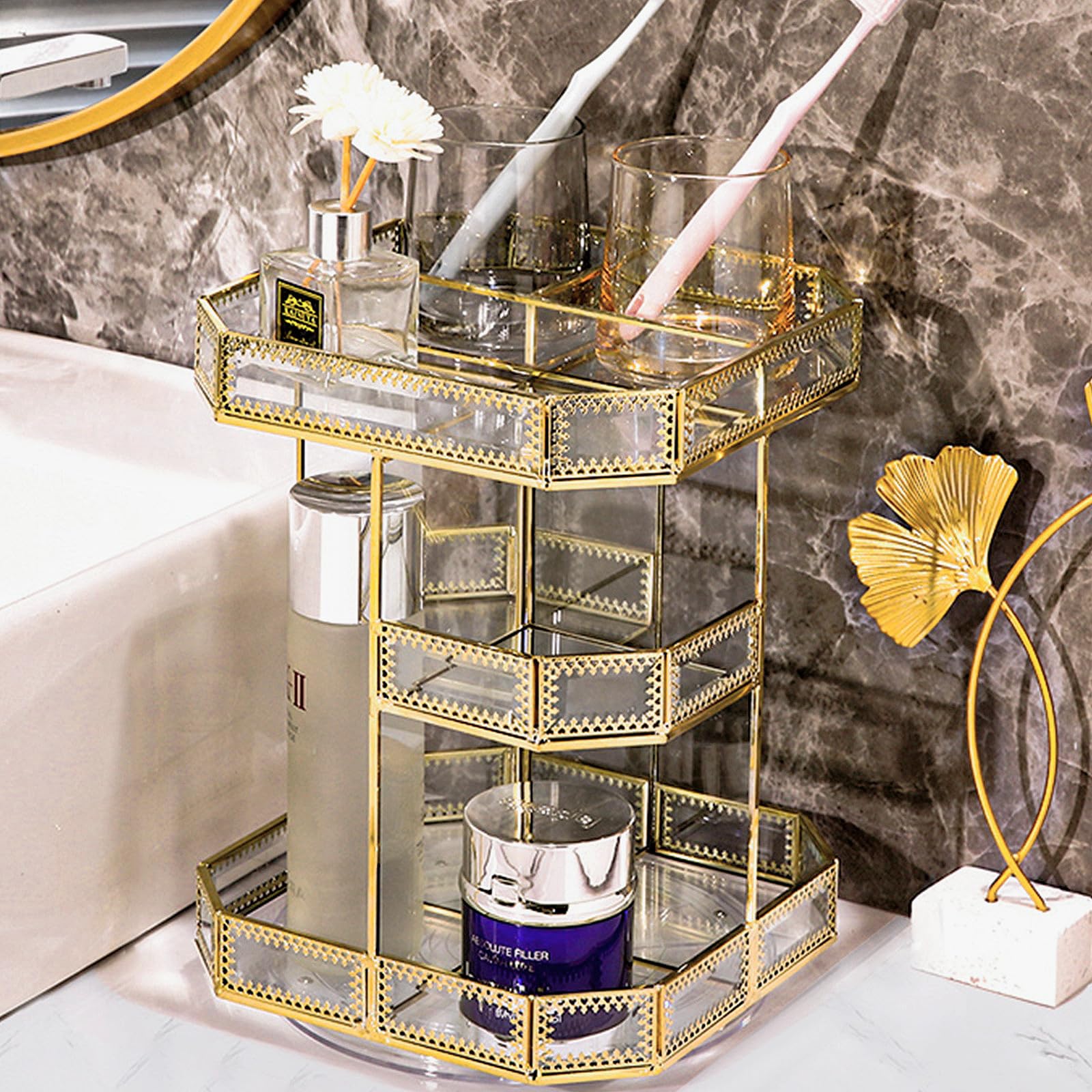 360 Degree Rotating Glass Makeup Organizer with Gold Trim - Large Clear Cosmetics Storage Display for Vanity | Holds Perfume, Brushes, Lipsticks & Skincare | Perfect for Bedroom Dresser, Bathroom Counter & Beauty Salon Organization
