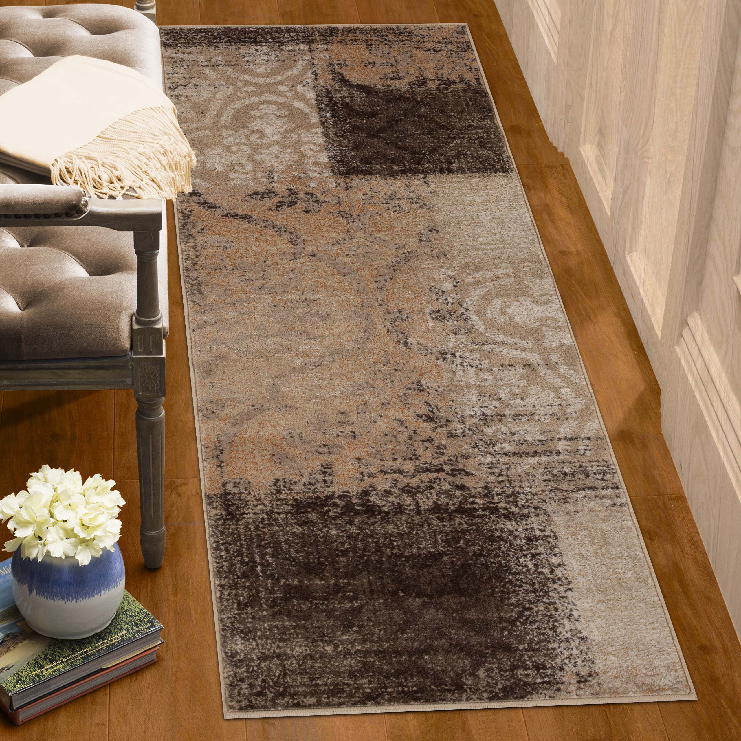 Bristol Distressed Abstract Damask Indoor Area Rug - Non-Slip Living Room Carpet Runner for Bedroom, Hallway & Entryway Decor