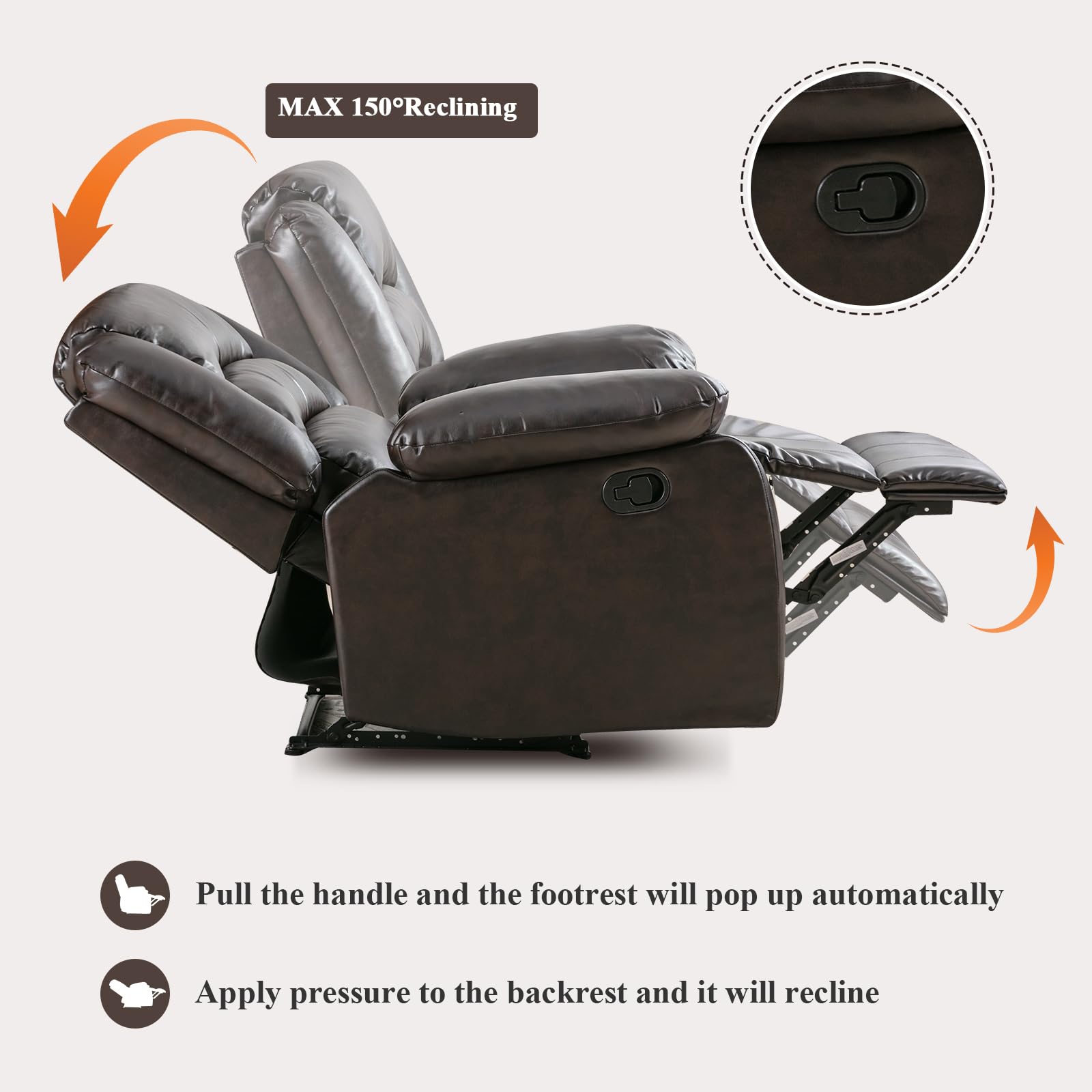 ANJ Manual Recliner Chair - Dark Brown Faux Leather Living Room Reclining Sofa with Padded Arms & Back Support | Comfortable Single Seat for Home Theater, Gaming & Relaxation
