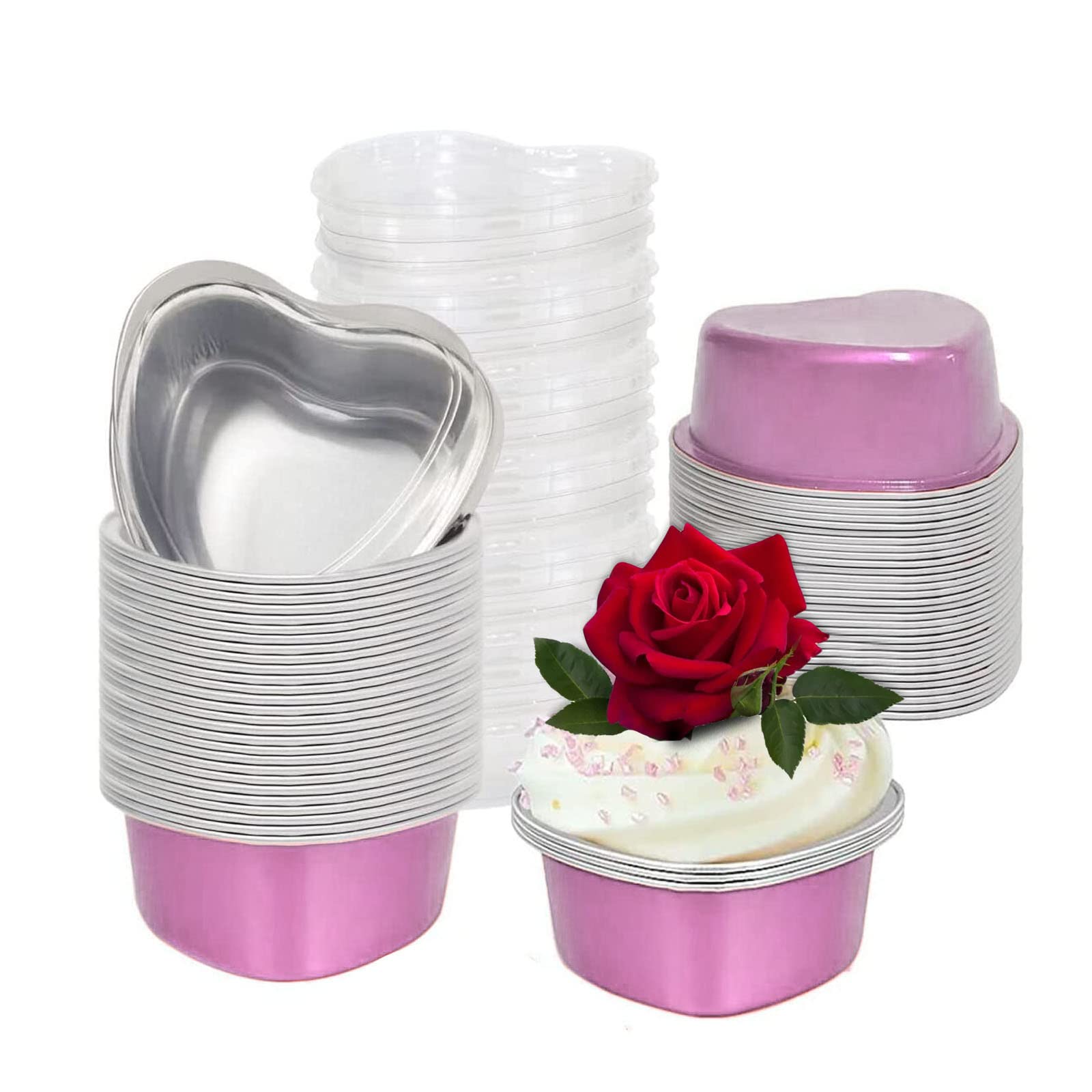 REYBELOLA 50pcs Heart Shaped Cake Pans with Lids - Disposable Aluminum Foil Baking Cups for Valentine's Day, Wedding, Birthday Party - Mini Heart Cake Molds (Pink) | Perfect for Cupcakes, Desserts & Party Favors