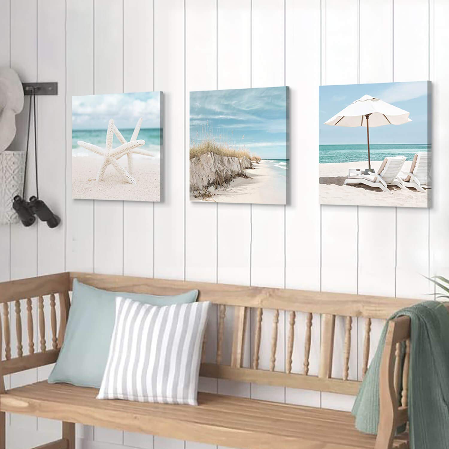 Coastal Canvas Wall Art Print - Starfish & Beach Chairs on Sand Artwork for Home Decor | 16x16 Inch Set of 3 | Perfect for Bedroom, Living Room, or Beach House Wall Decor