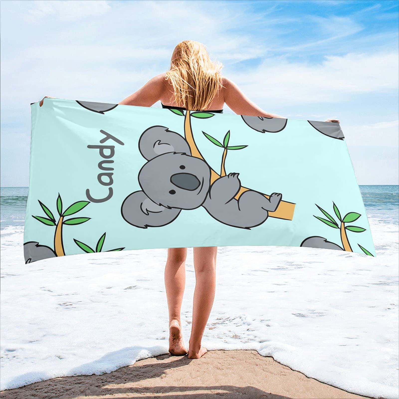 Personalized Koala Bear Beach Towel - Custom Name Printed Bath Towel 30x60 Inches, Double Sided for Wedding, Birthday, Pool Party & Spa Gifts | Soft & Absorbent for Beach, Vacation & Home Use