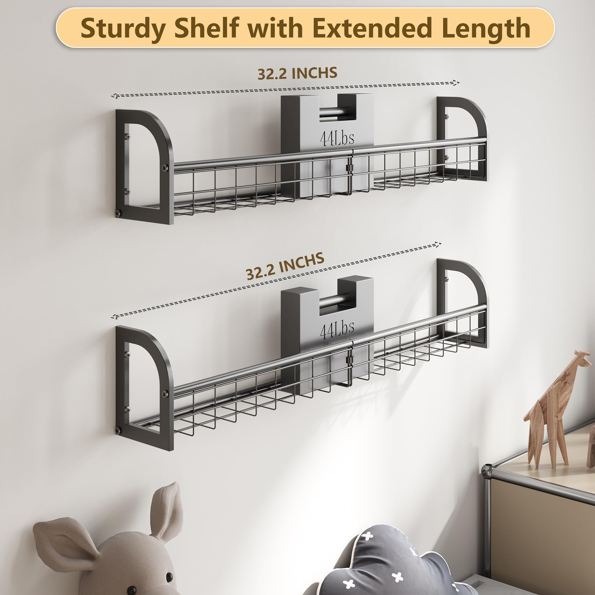 Wall Mounted Bookshelf Set of 4 - Floating Shelves for Kids Room, Nursery & Bedroom Decor - Black Metal Organizer - Perfect for Books, Toys & Display (Home & Office Use)