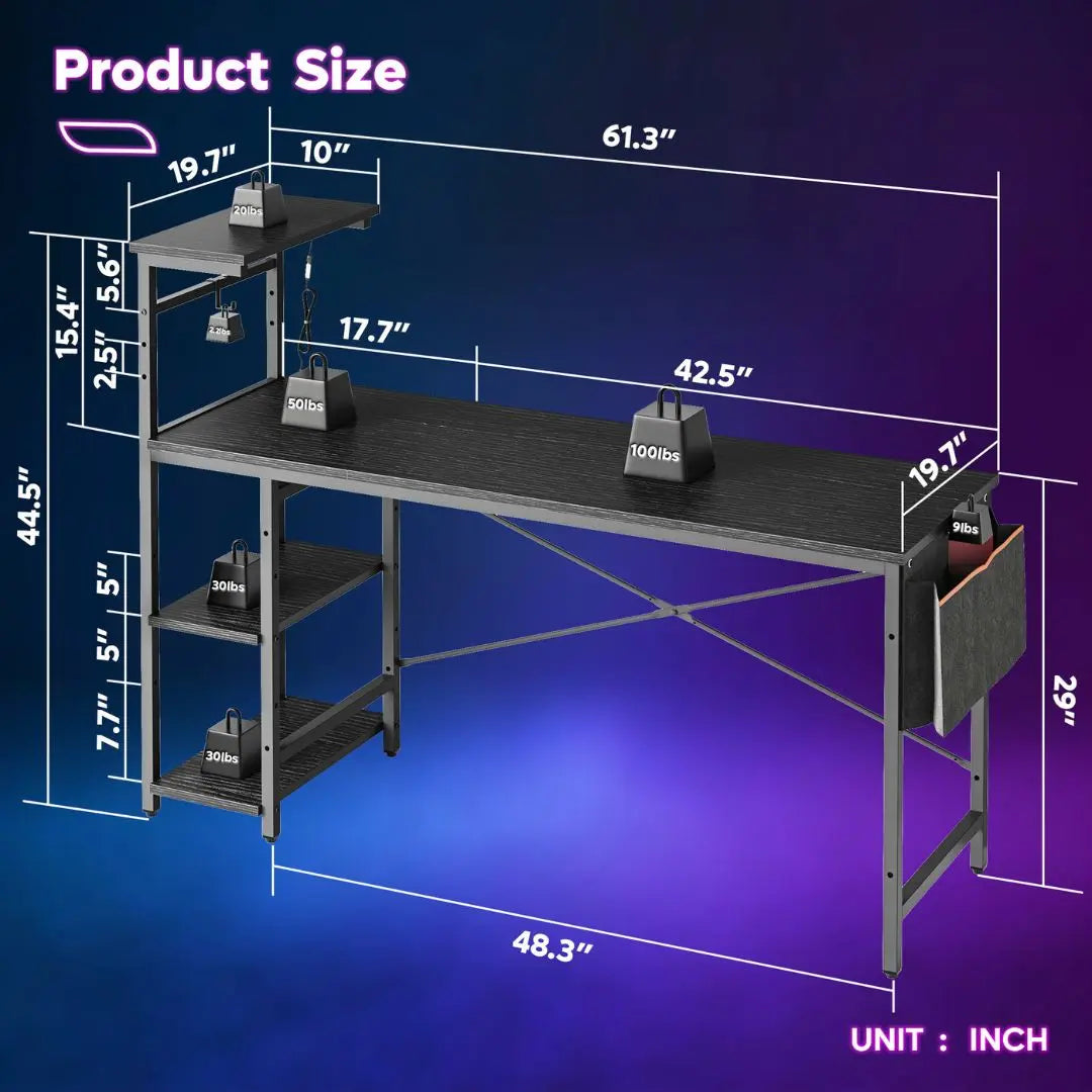 Bestier 61 Inch Large Gaming Desk with Shelves & Storage Bag - Sturdy Computer Desk for PC Gamers, Home Office Workstation with Ergonomic Design - Perfect for Gaming Setup, Streaming & Remote Work