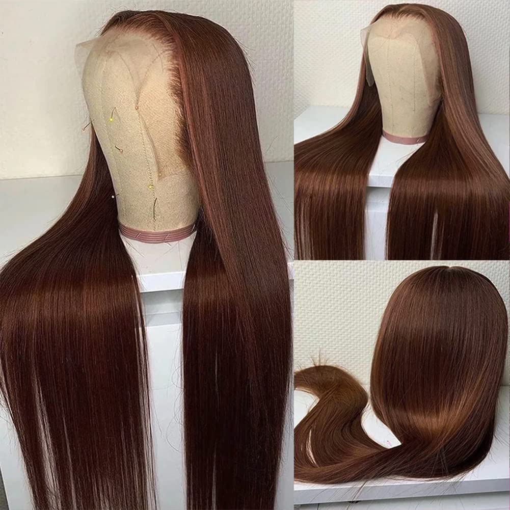 13x4 Brown Lace Front Wigs Human Hair with Baby Hair - 180% Density Straight Lace Frontal Wig - Pre Plucked Hairline - 4# Brown Color - 28 Inch - Perfect for Daily Wear, Cosplay & Special Occasions