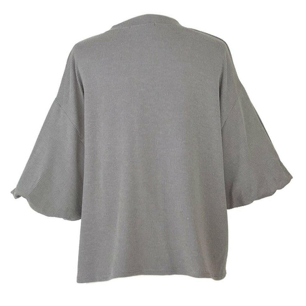 Stylish Ribbed Puffy Sleeve 3/4 Sleeve Blouse - Cloud Grey Women's Fashion Top | Perfect for Casual Outings, Office Wear & Date Nights