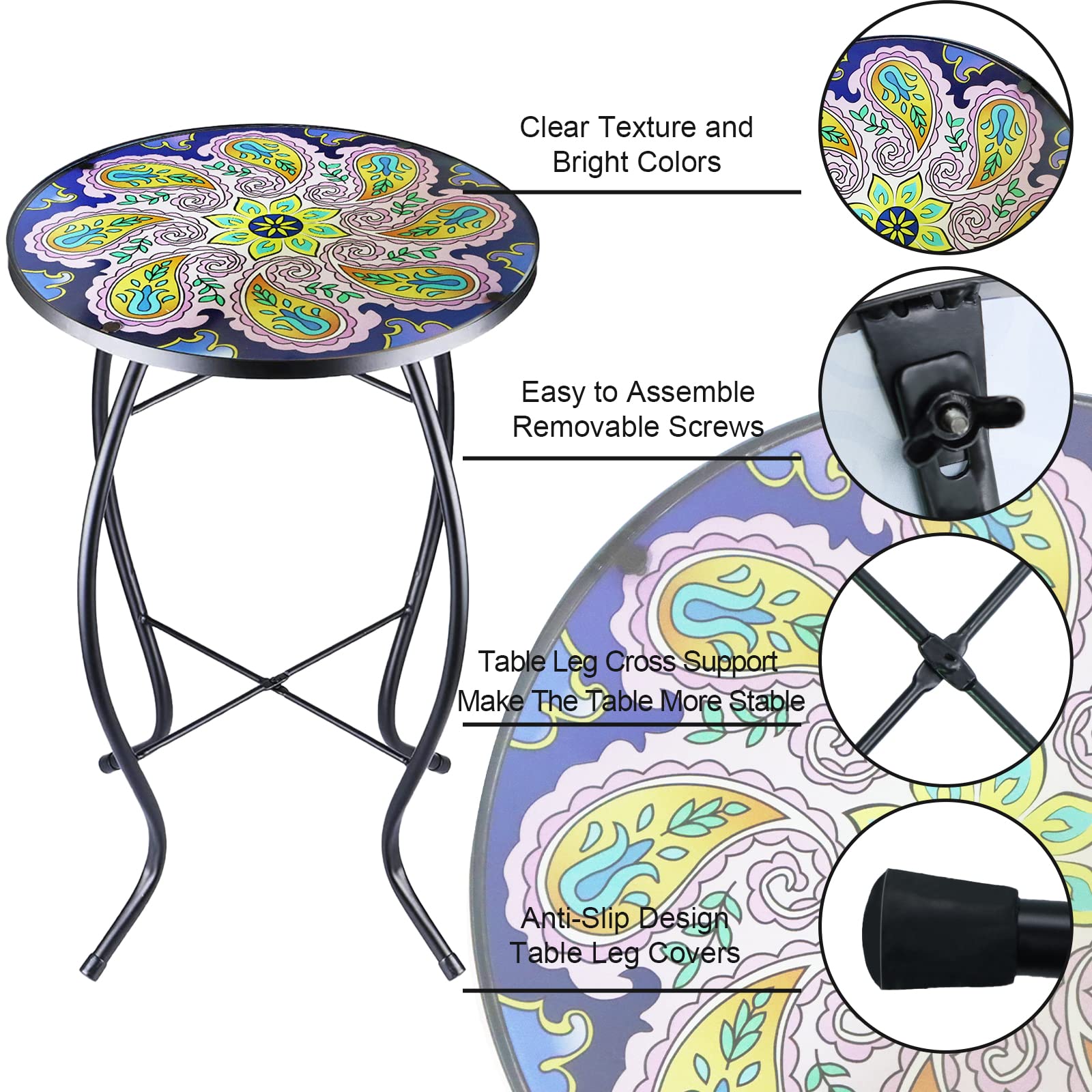 14 Inch Round Glass Mosaic Side Table with Purple Flower Design - Outdoor Patio Coffee Table for Living Room, Balcony & Garden - Perfect for Tea Time, Plant Display & Relaxing Moments