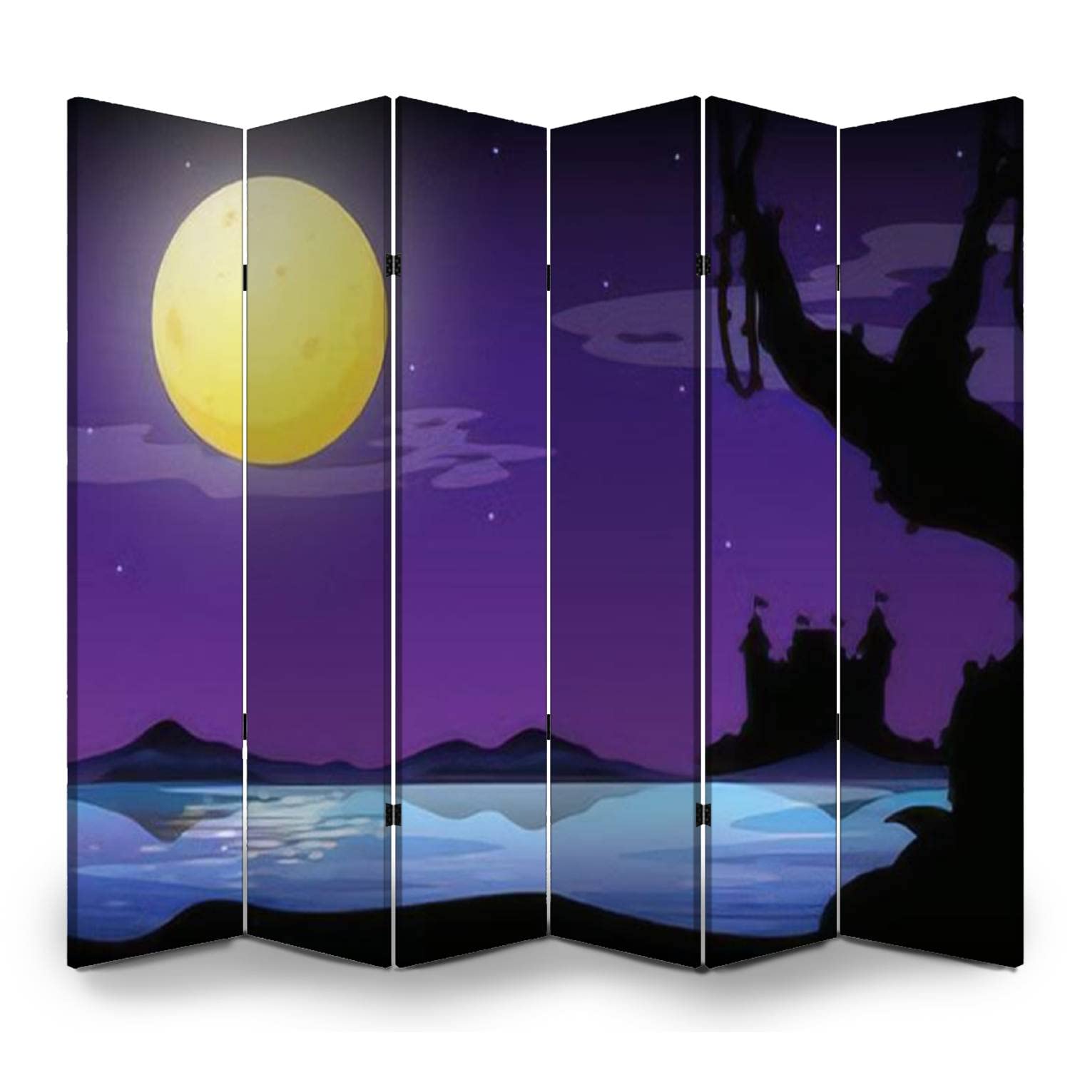 6 Panel Canvas Room Divider Screen - Full Moon Night with Purple Sky & Castle Design - Privacy Partition for Home, Office, Bathroom - Perfect for Creating Private Spaces & Enhancing Décor
