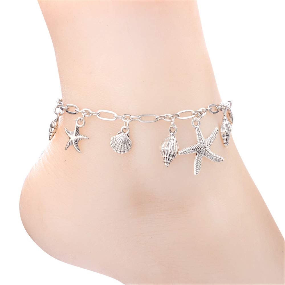 Bohemian Vintage Silver Chain Anklet with Starfish, Scallops & Conch Pendant - Fashionable Beach Jewelry for Women | Perfect for Summer Vacations, Barefoot Sandals, Seaside Weddings & Boho Accessories