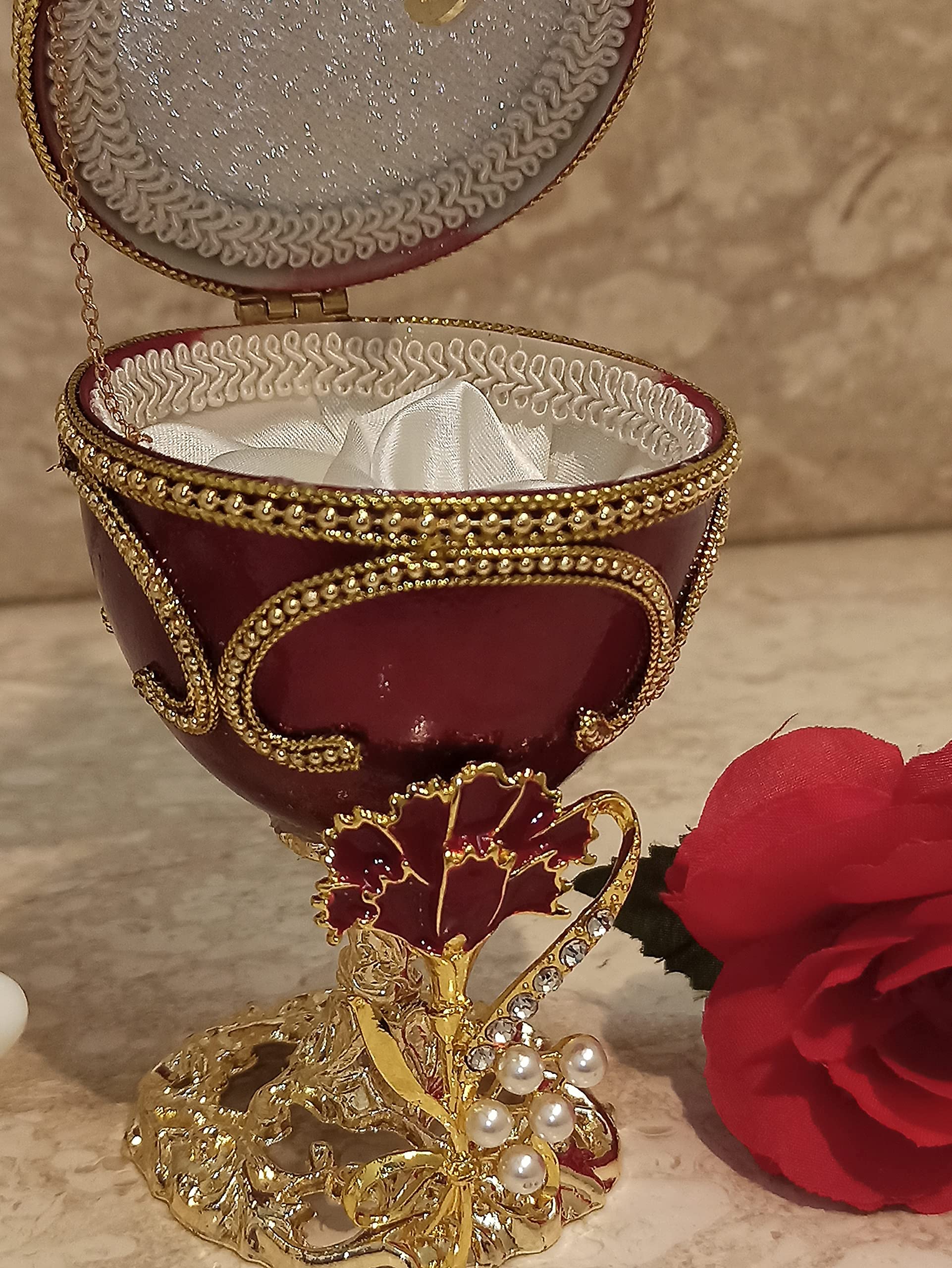 Exquisite Carnation Jewelry Egg Faberge Musical Trinket Box - Unique Anniversary & Birthday Gift for Girlfriend, Best Friend | Perfect for Romantic Surprises, Keepsake Storage & Special Occasions