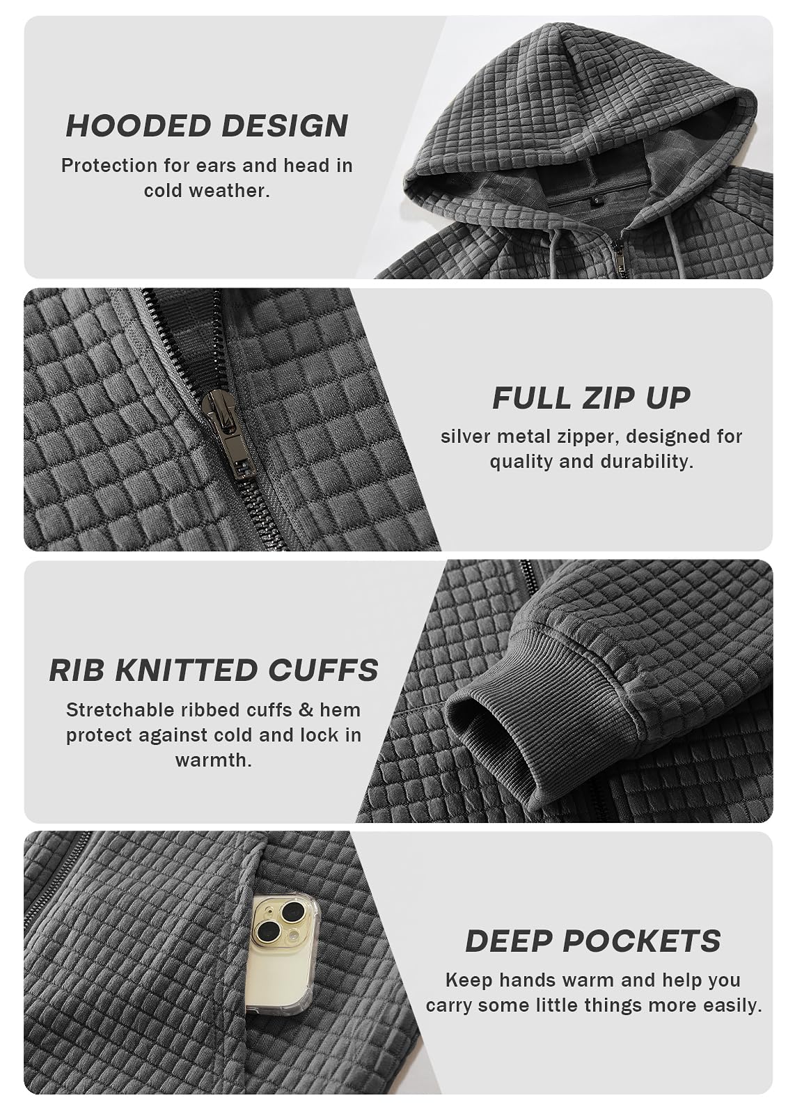 Men's Lightweight Waffle Hoodie Full Zip Jacket - Plaid Long Sleeve Hooded Sweatshirt with Kangaroo Pocket for Casual Wear & Outdoor Activities