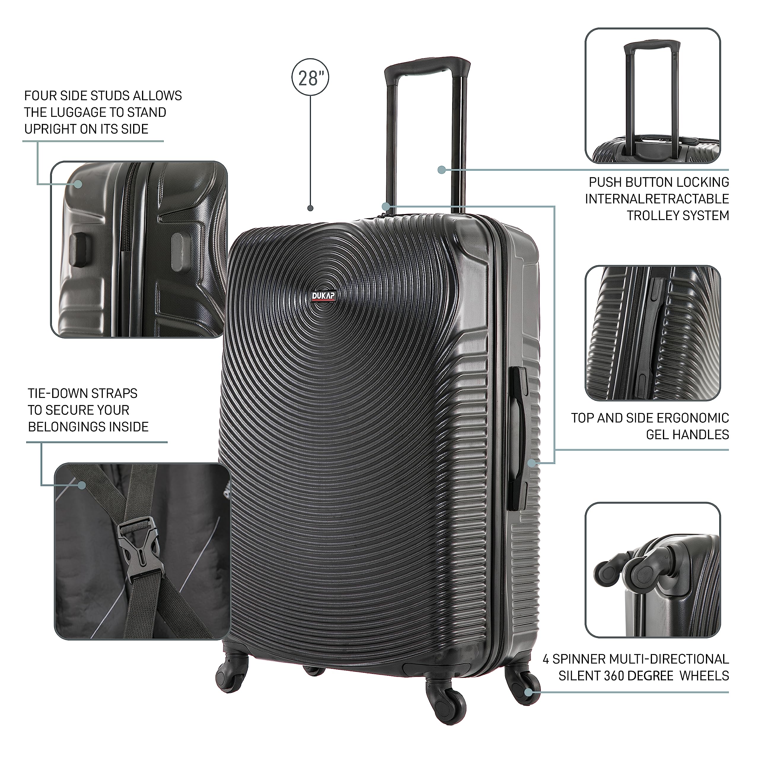 DUKAP INCEPTION 3-Piece Hardshell Luggage Set with Spinner Wheels - 20in, 24in, 28in Lightweight Durable Suitcases with Trolley Handle - Perfect for Air Travel, Business Trips & Family Vacations (Black)
