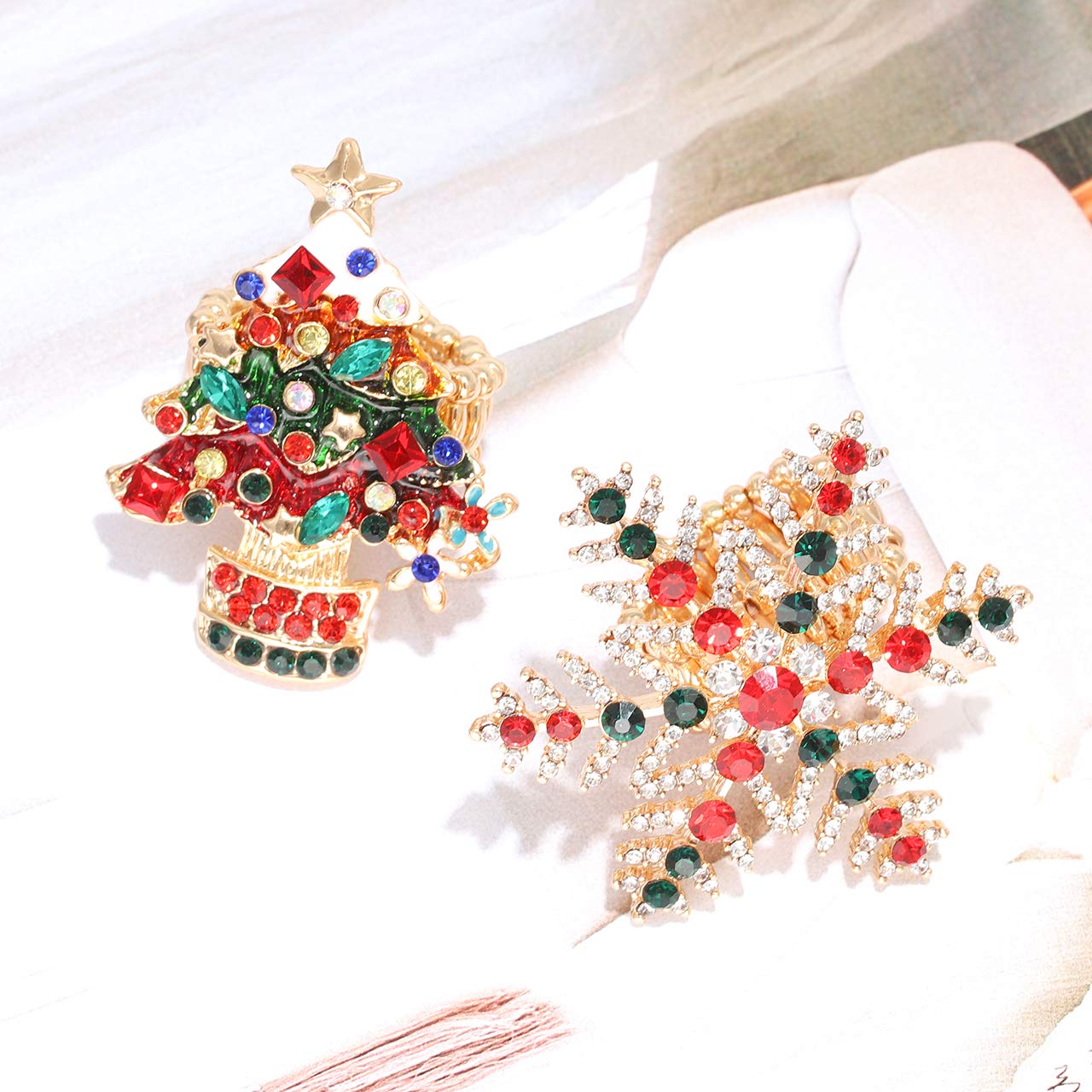 Festive Christmas Stretch Rings for Women - Elegant Snowflake, Santa & Tree Designs with Crystal Rhinestones | Holiday Party Jewelry for Xmas, Winter Celebrations & Gift Giving