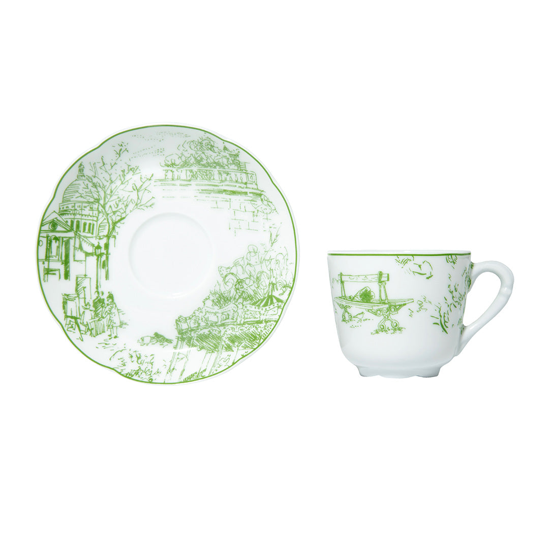 Tout Paris Moka Espresso Cup and Saucer Set - 2.5 oz Ceramic Coffee Cups with Green Glossy Finish - Perfect for Espresso, Cappuccino and Latte at Home or Cafe