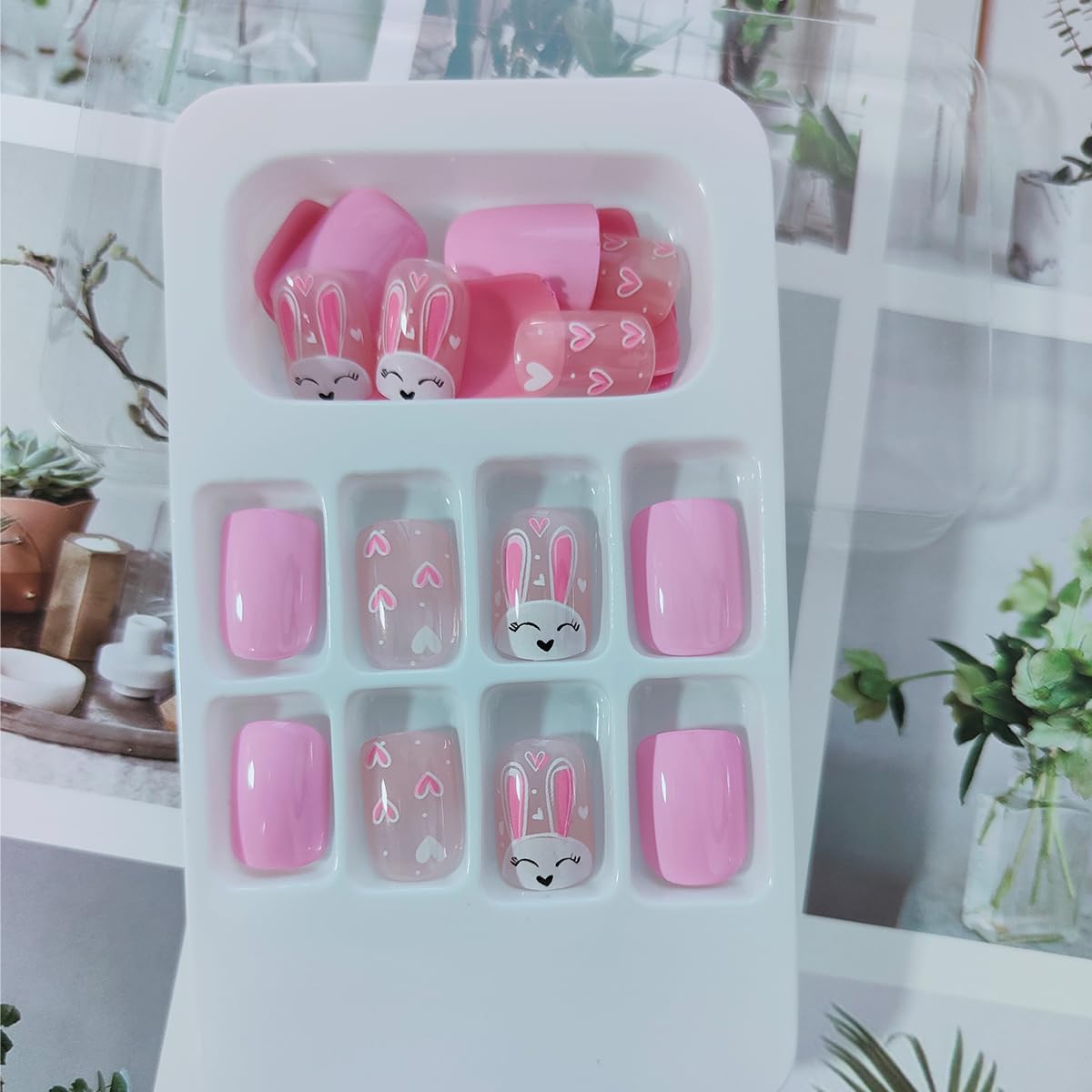 Easter Press on Nails Short Square Fake Nails - 24Pcs Bunny Rabbit Love Heart Design Acrylic Nail Kit | Pink & White Glue on Nails for Easter Party, Spring Nail Art, Holiday Manicure Decorations
