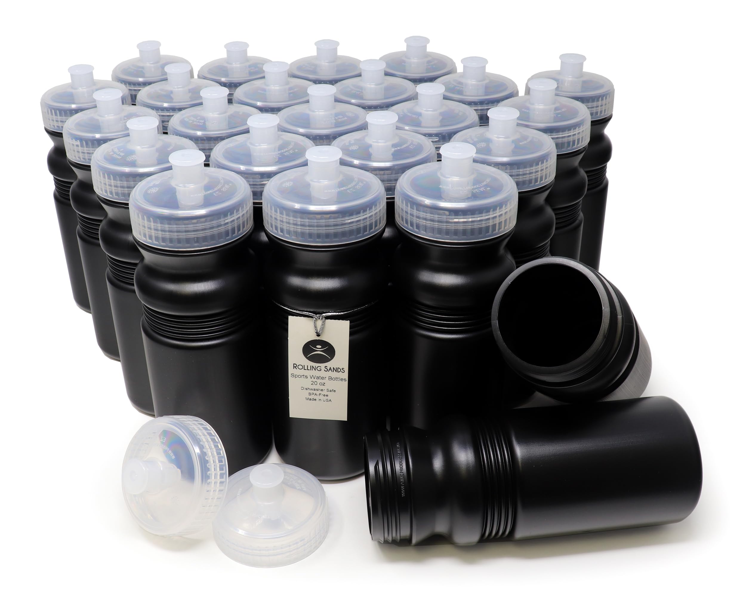 Rolling Sands 20 oz. Bulk Water Bottles 24 Pack - BPA-Free Reusable Plastic Sports Bottles with Easy Open Pull Top Cap | Dishwasher Safe for Adults & Kids | Made in USA (Black Bottles/Clear Lids) | Perfect for Gym, School, Sports & Outdoor Activities