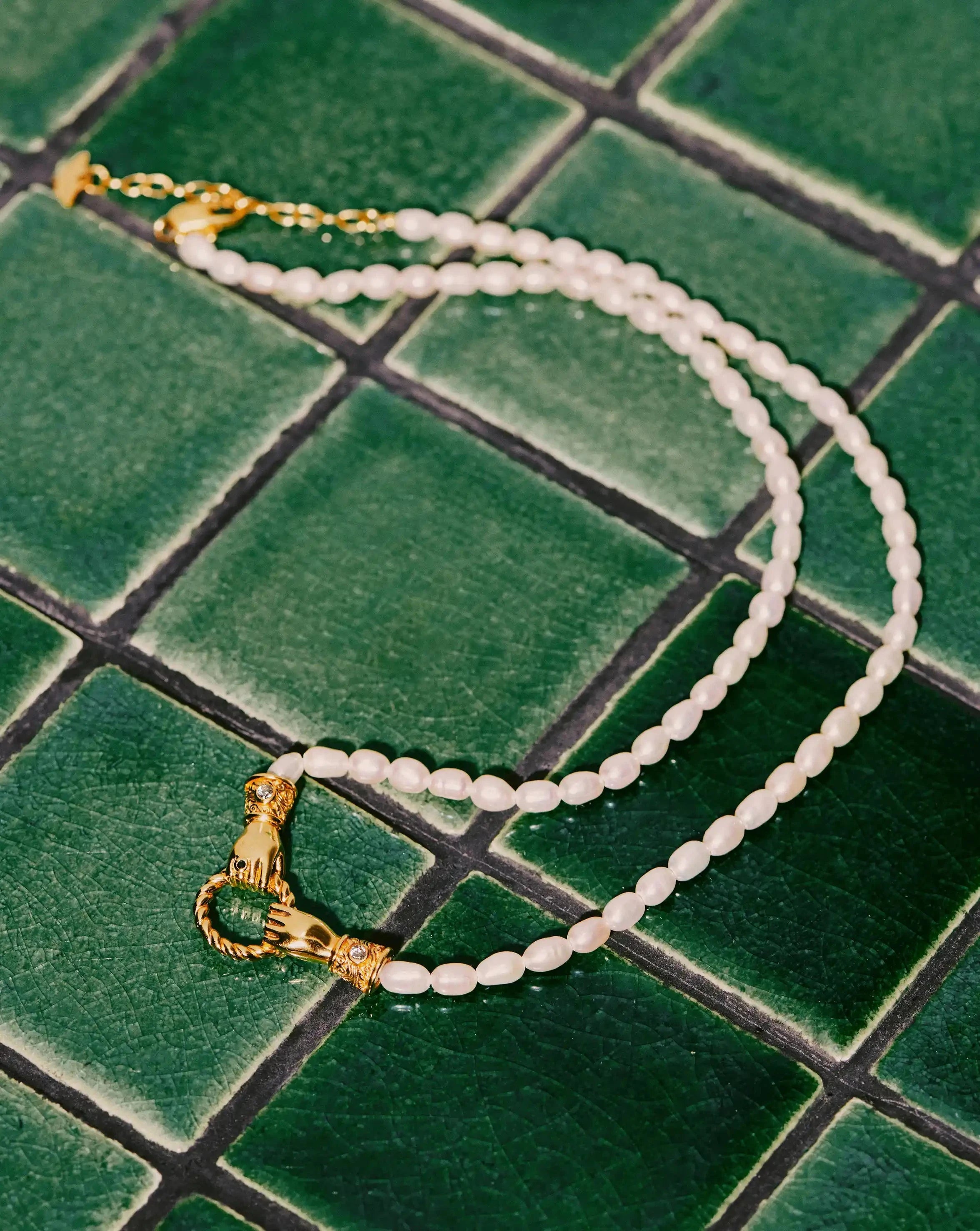 Harris Reed In Good Hands Pearl Pendant Necklace - 18k Gold Plated with Genuine Pearl & Black Onyx | Elegant Jewelry Gift for Women, Perfect for Weddings, Parties & Special Occasions