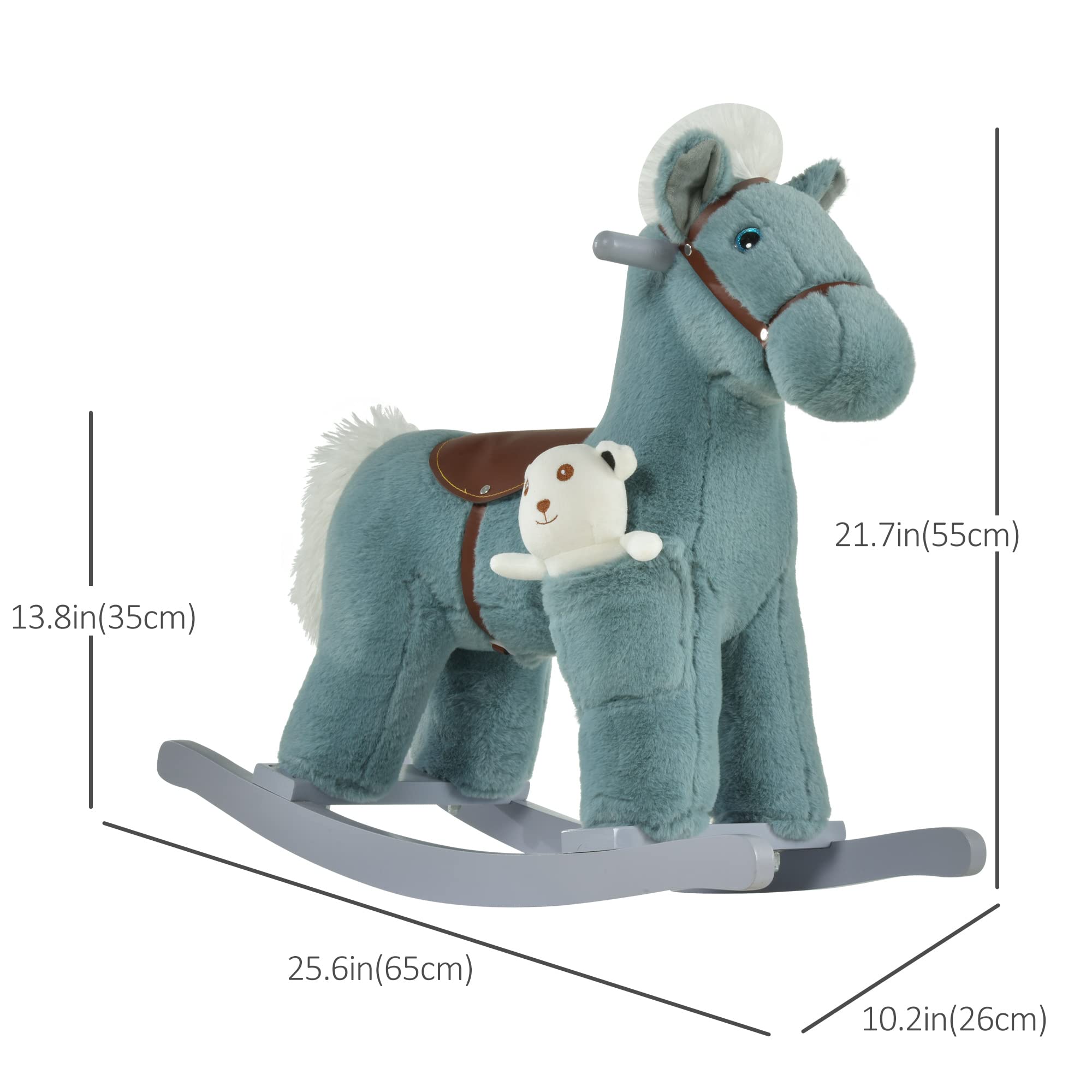 Qaba Kids Plush Ride-On Rocking Horse with Bear Toy - Soft Plush Children's Chair with Realistic Sounds, Blue | Fun Toddler Rocking Toy for Playroom & Nursery Decor