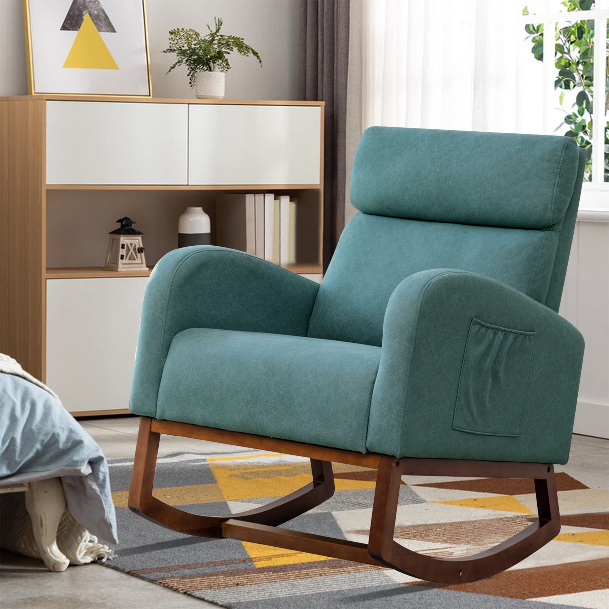 Andeworld Rocking Chair - Upholstered High-Back Glider Armchair with Faux Suede Fabric, Comfortable Accent Chair for Living Room, Bedroom, Nursery (Teal) | Perfect for Relaxing, Reading & Nursing