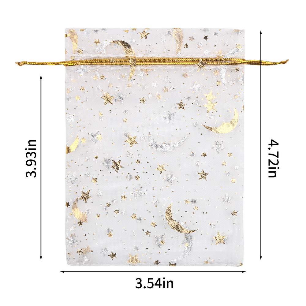 LOAVER 3.5x4.7 Inch Heart Printed Orchid Organza Gift Bags - 100 Pack (Stars & Moon White) for Wedding Favors, Party Decorations, Candy Packaging & Baby Shower Gifts