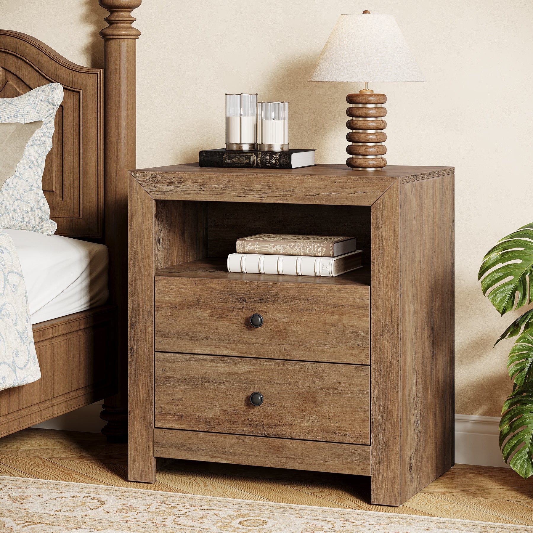 23.6 Inch Rustic Nightstand with 2 Storage Drawers - Wooden Bedside Table for Bedroom, Living Room & Dorm - Compact End Table with Vintage Charm