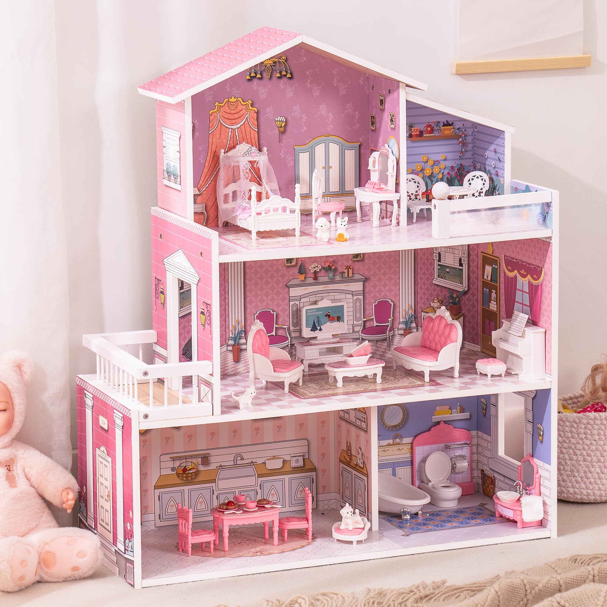 ROBUD 3-Story Wooden Dollhouse Playset with 24 PCS Furniture - 5 Room Pretend Play Toy for Kids, Toddlers & Girls | Perfect for Imaginative Play, Birthday Gifts & Early Childhood Development
