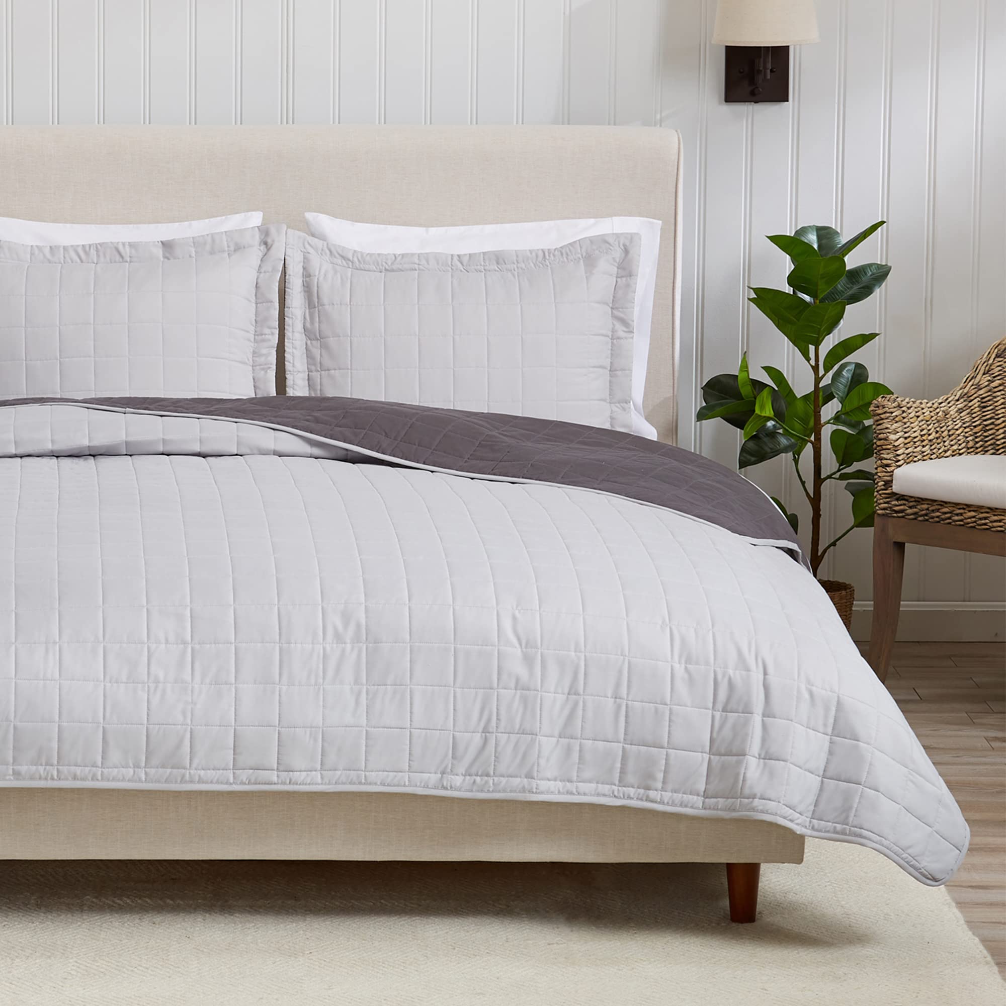 2-Piece Reversible Twin Quilt Set with Sham - Light Grey & Dark Grey Box Stitch Bedspread Coverlet | Mylo Collection | Perfect for Guest Rooms, Dormitories & Cozy Bedroom Decor
