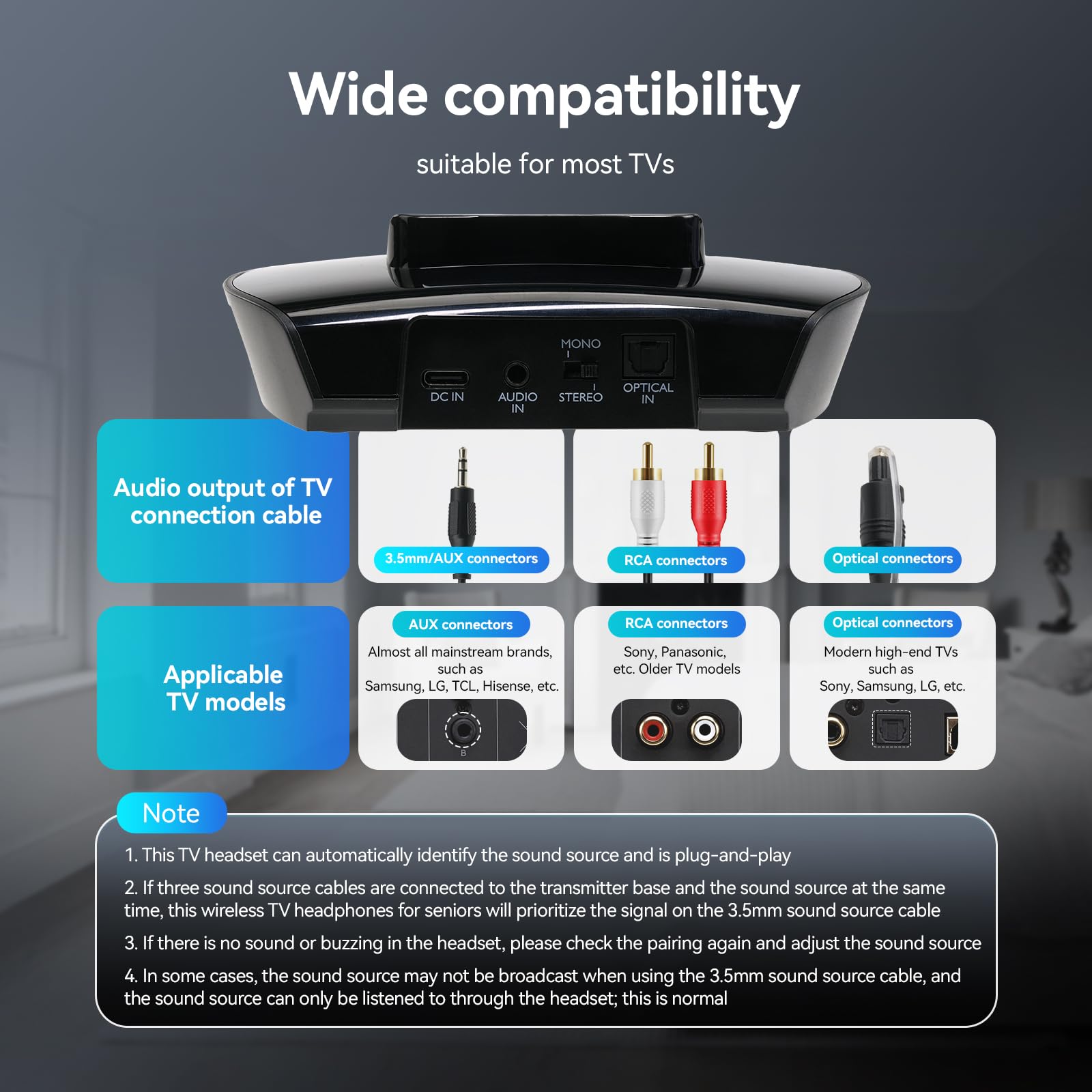 Retekess TA008 Wireless TV Headphones for Seniors & Hearing Impaired - Dual Battery Combo, Independent Left/Right Ear Volume Control - Perfect for Late-Night TV Watching, Nursing Homes & Private Viewing
