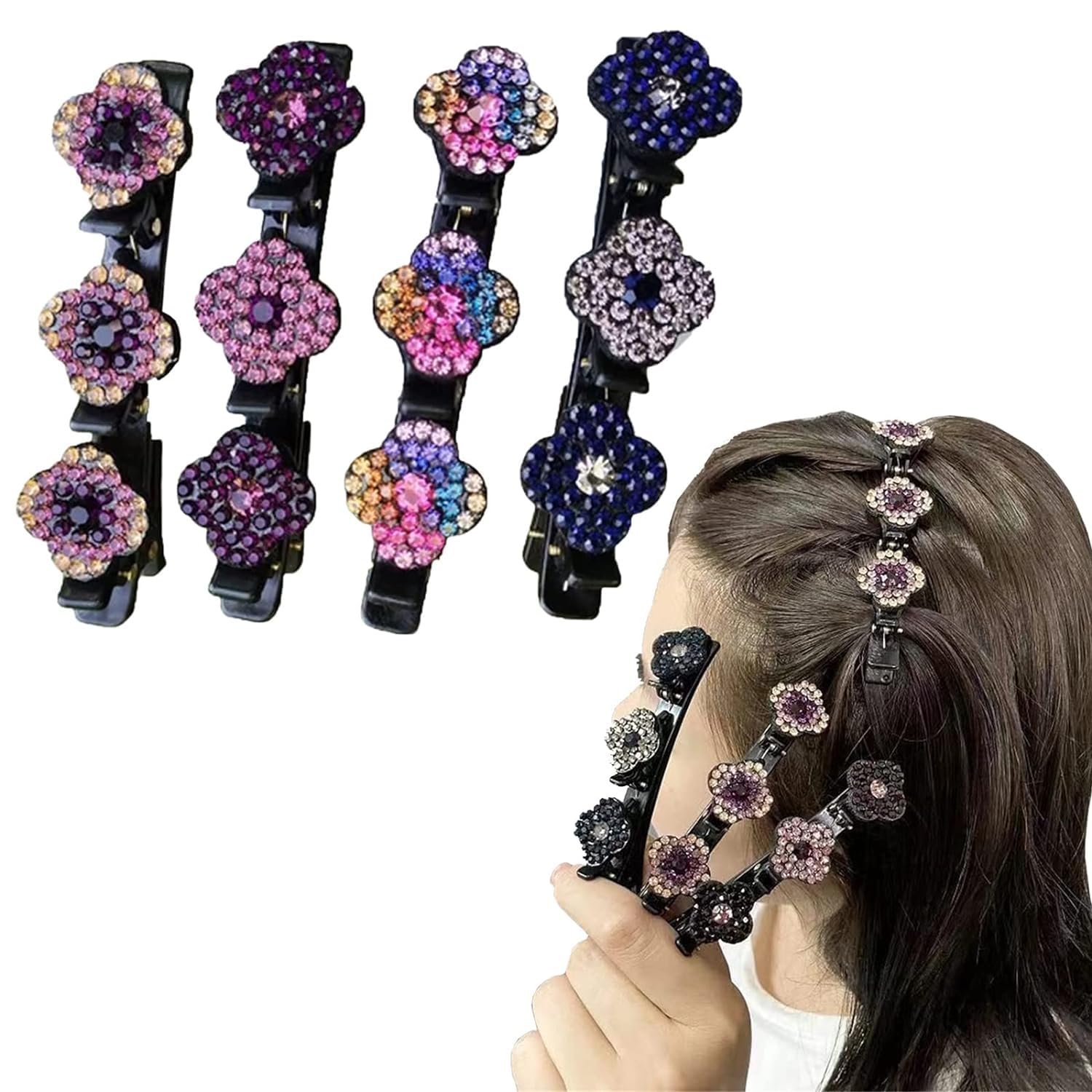 Black Double Layer Alligator Hair Clips - Korean Style Sparkling Crystal Rhinestone Braided Hair Accessories for Women & Girls (4PCS) - Perfect for Parties, Weddings & Everyday Styling
