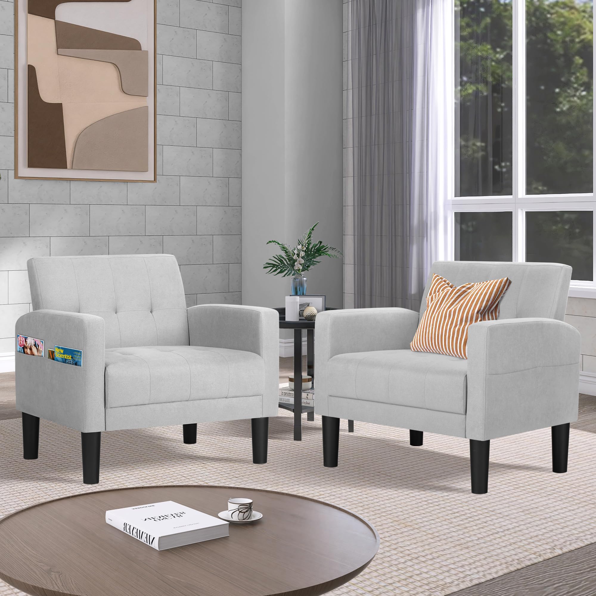 Mid-Century Modern Fabric Accent Armchairs Set of 2 - Light Grey Upholstered Tufted Living Room Chairs for Bedroom, Office & Lounge - Comfortable Reading & Relaxation Furniture for Home Decor