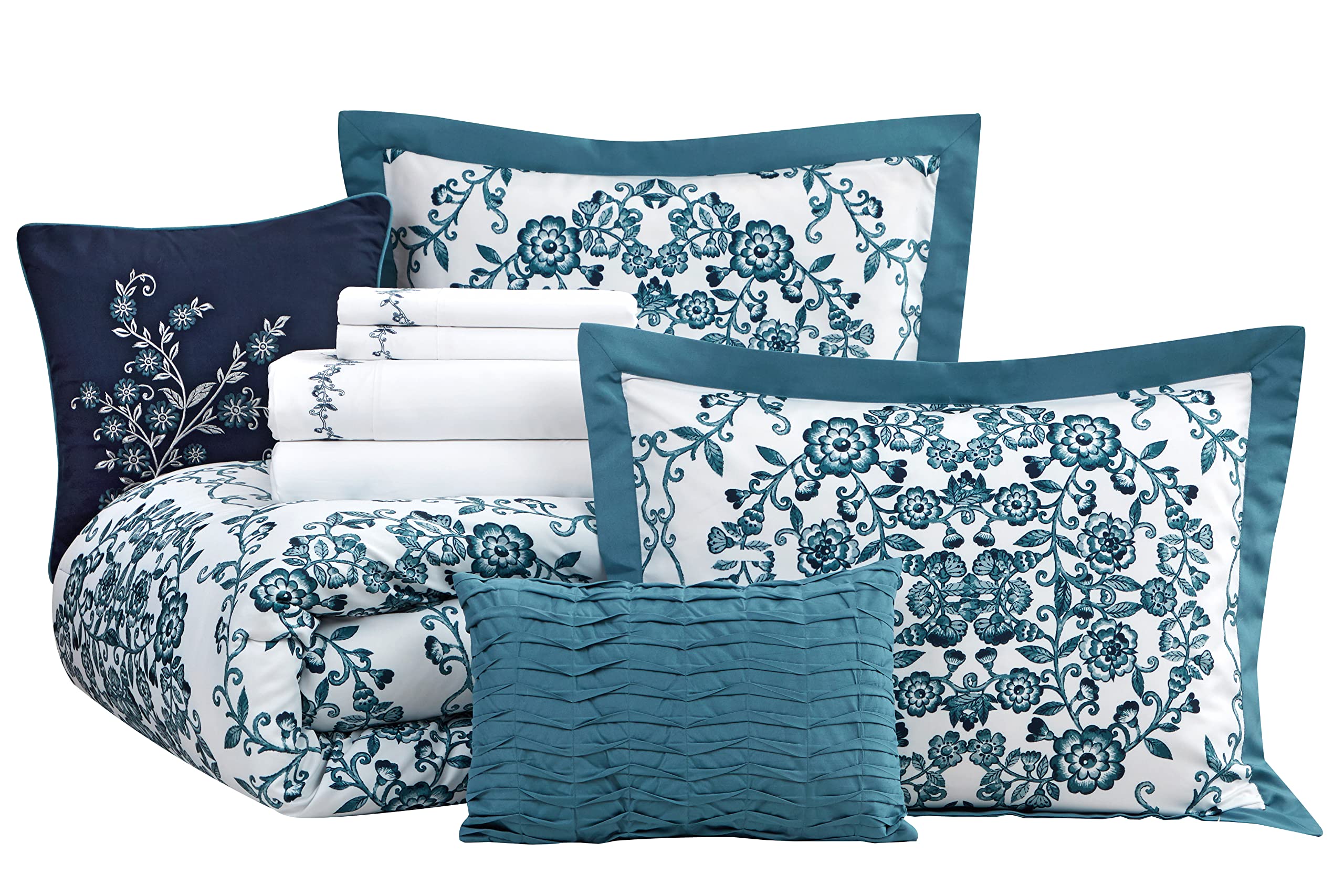 Premium King Size Comforter Set - 10 Piece Blue & White Microfiber Bedding Collection with Flat Sheet, Fitted Sheet, Bedskirt & Pillow Shams | Soft Luxury Bedding for Master Bedroom, Guest Room & Hotel Decor