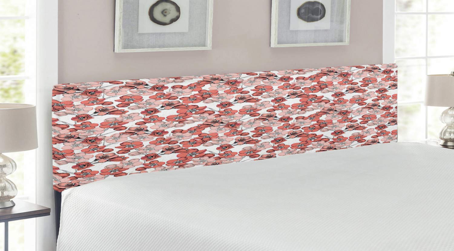 Ambesonne King Size Upholstered Metal Headboard with Memory Foam - Cherry Blossom Floral Design, Japanese Nature Inspired Hand-Drawn Artwork in Coral Blush White - Perfect for Master Bedroom, Guest Room, or Spring-Themed Home Decor