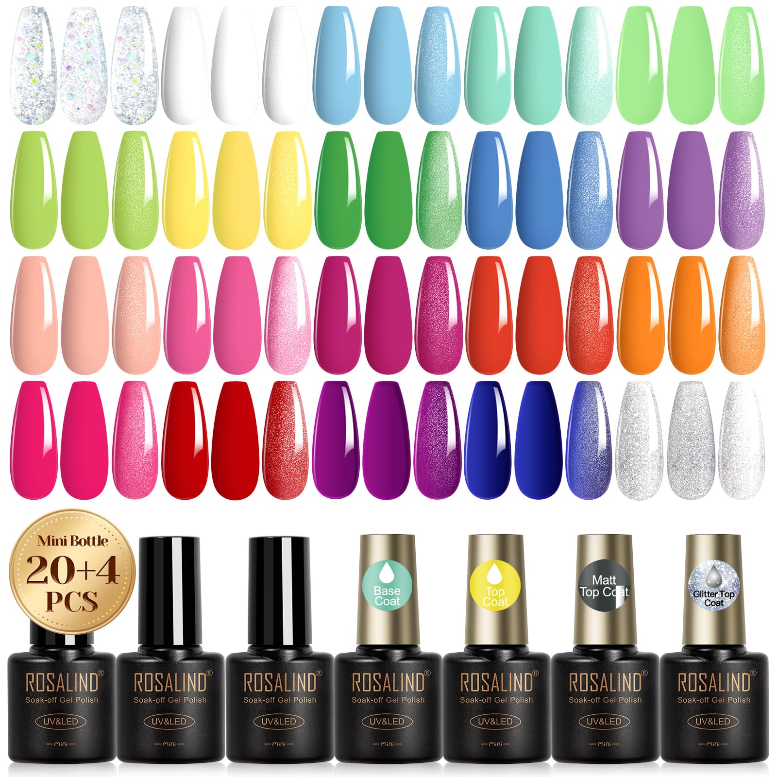 Neon Gel Nail Polish Set - 24Pcs UV Soak Off with Base & Top Coat for Rainbow Nail Art at Home