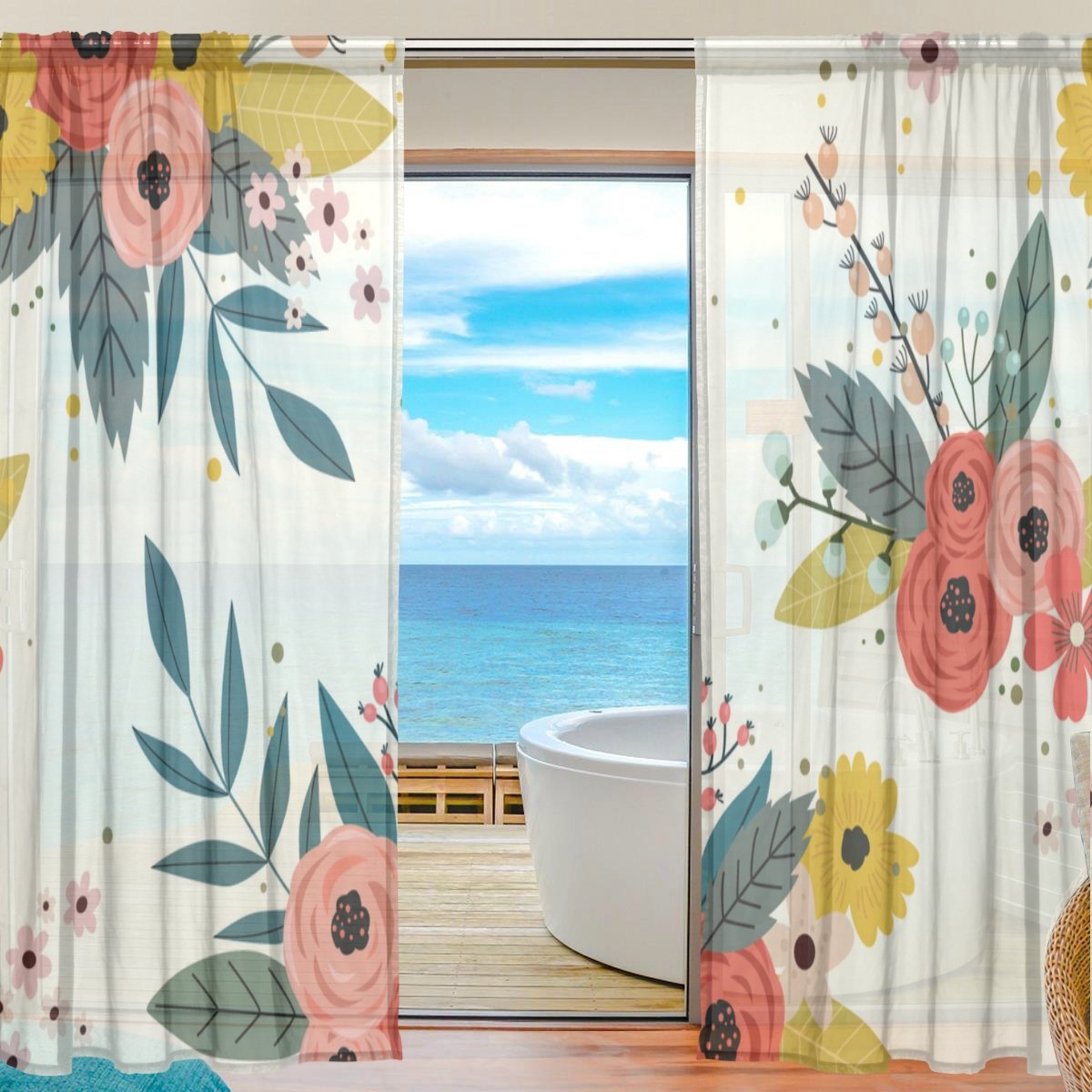 ALAZA U Life Country Garden Floral Flowers Patchwork Rod Pocket Sheer Voile Window Curtains - 55