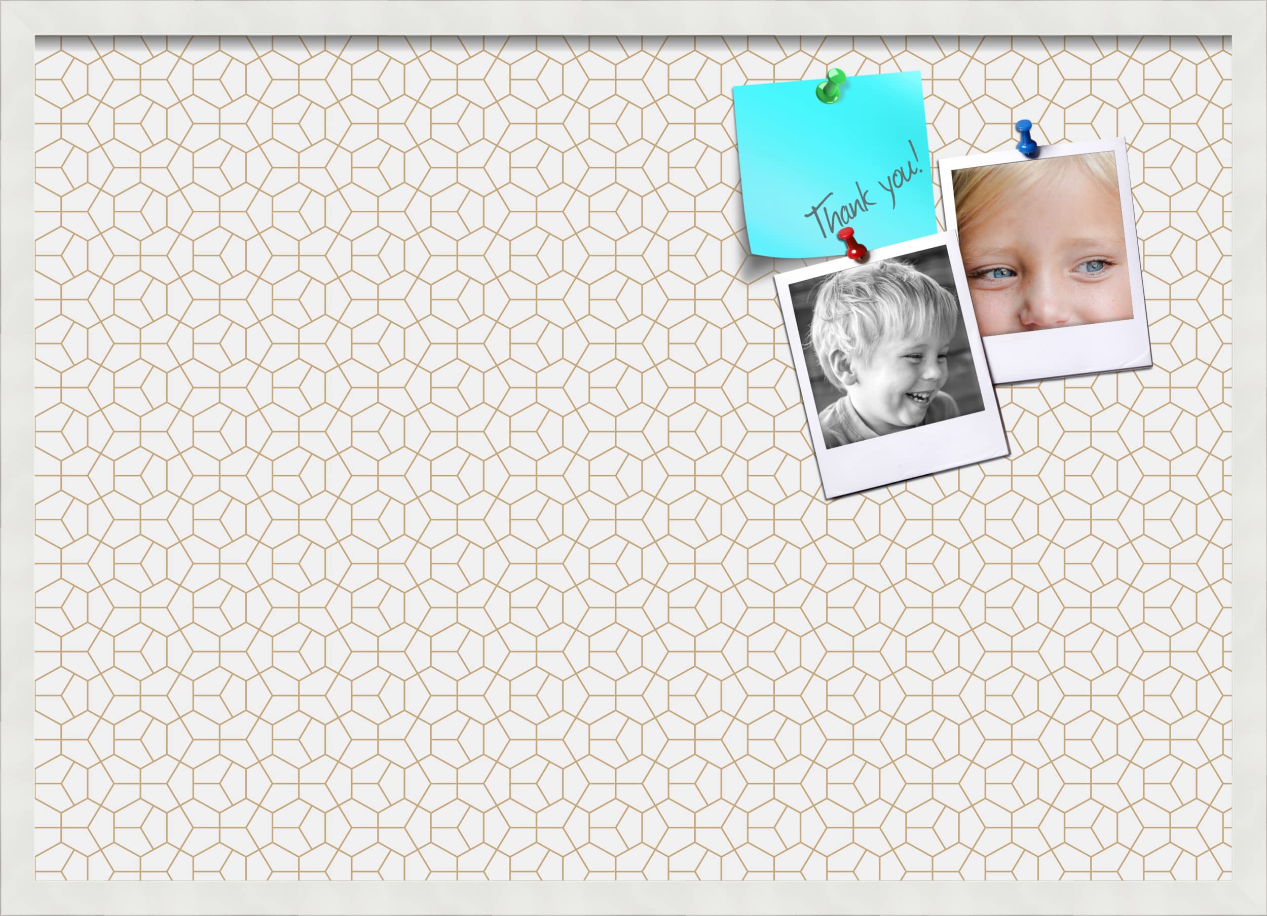 PinPix 34x24 Inch Cork Bulletin Board with Hex Gold Design & Satin White Frame - Decorative Wall Pin Board for Home Office School Decor - Perfect for Notes, Photos, Reminders & Vision Boards