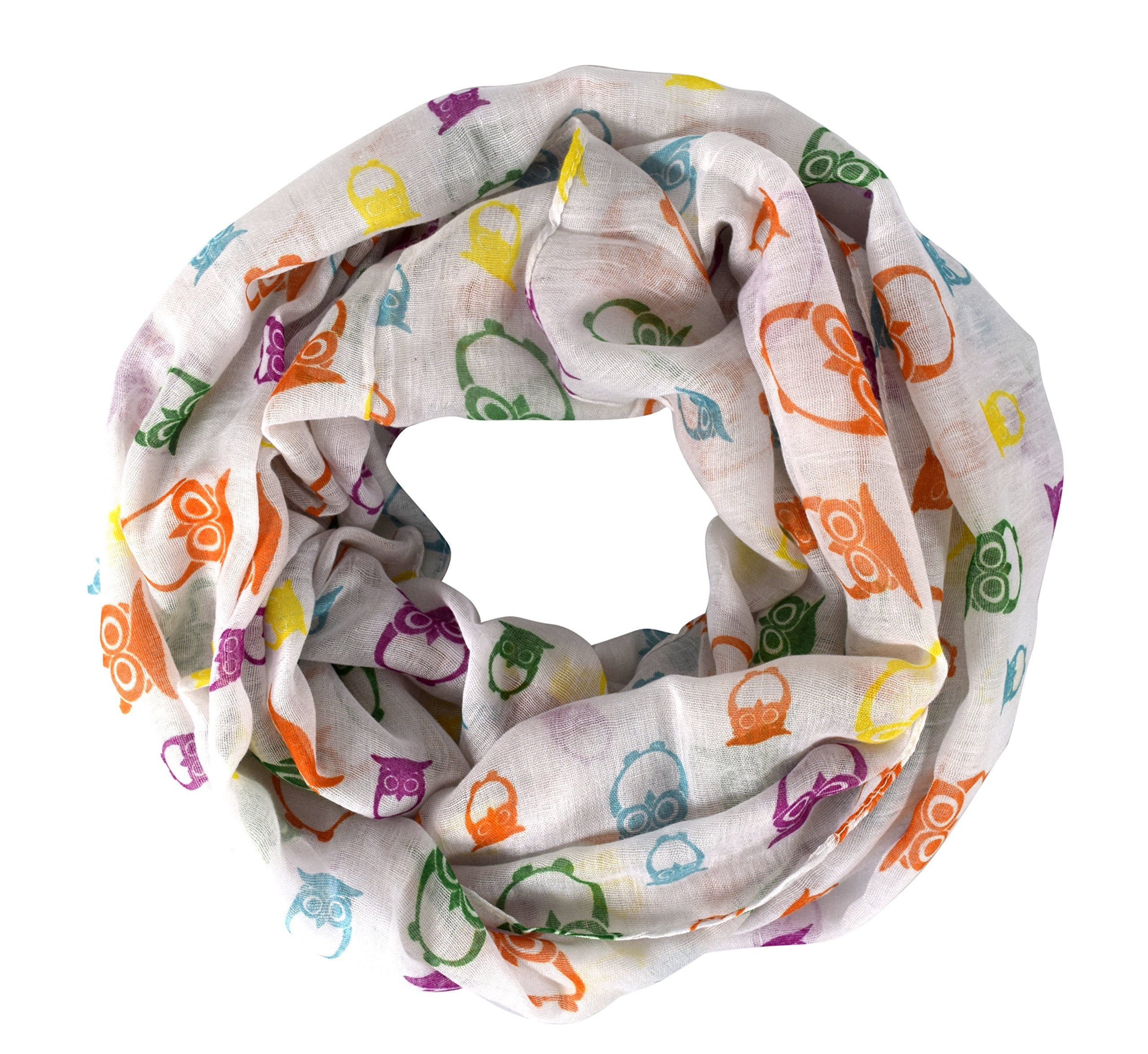 Vintage Owl Print Soft Lightweight Sheer Infinity Scarf - White Bird Design for Women, Fashion Accessory, Gift Idea - Perfect for Casual Wear, Office, Travel & Special Occasions